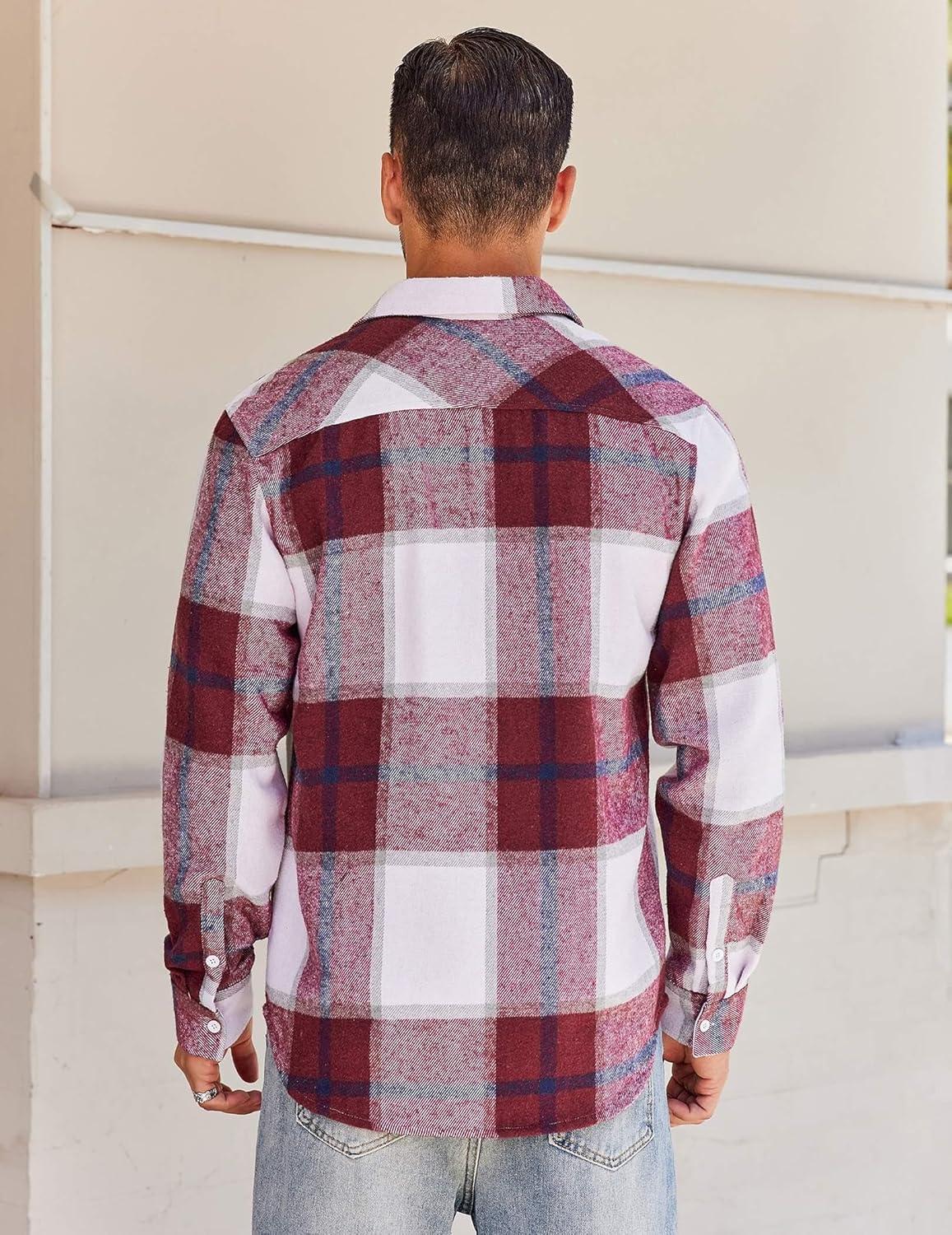 imageCOOFANDY Mens Flannel Shirts Long Sleeve Lightweight Plaid Shirt Casual Button Down Shirts JacketRed White