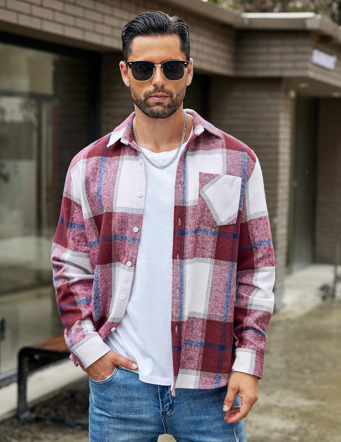 imageCOOFANDY Mens Flannel Shirts Long Sleeve Lightweight Plaid Shirt Casual Button Down Shirts JacketRed White