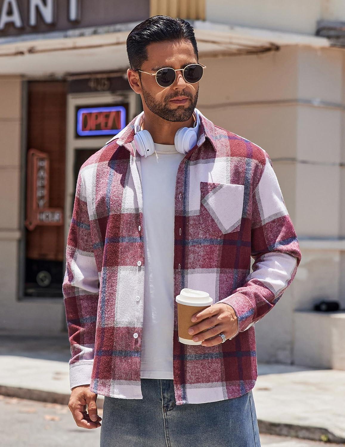 imageCOOFANDY Mens Flannel Shirts Long Sleeve Lightweight Plaid Shirt Casual Button Down Shirts JacketRed White