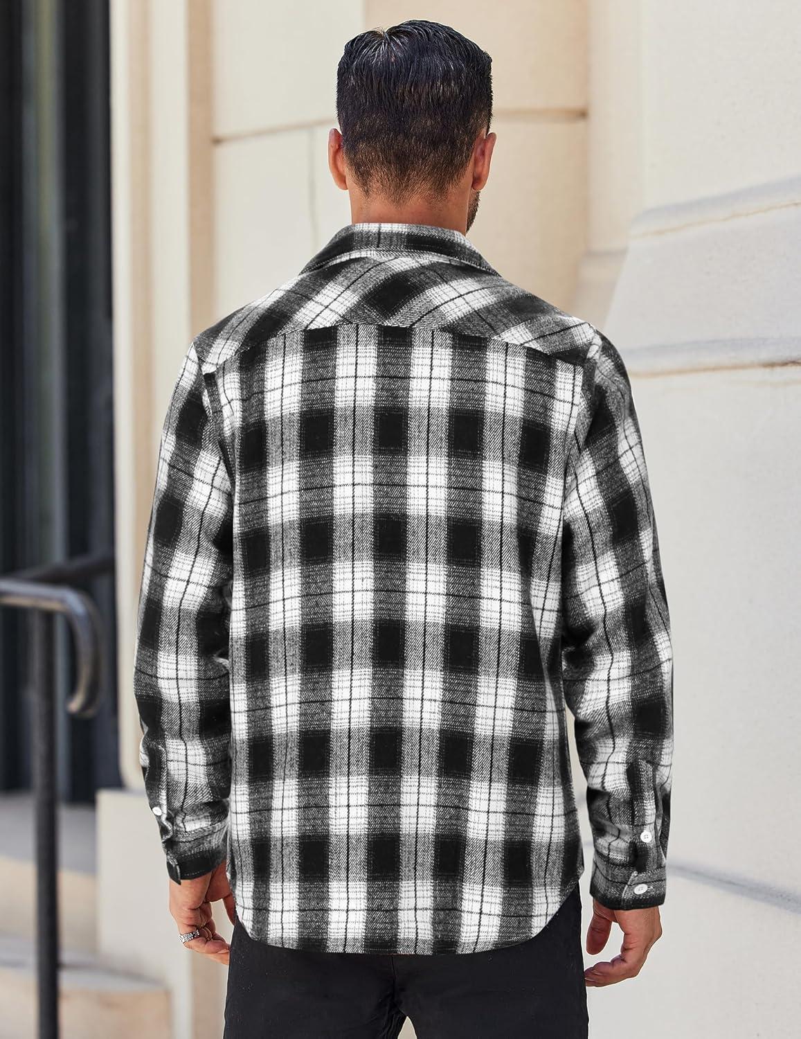 imageCOOFANDY Mens Flannel Shirts Long Sleeve Lightweight Plaid Shirt Casual Button Down Shirts JacketWhite Black