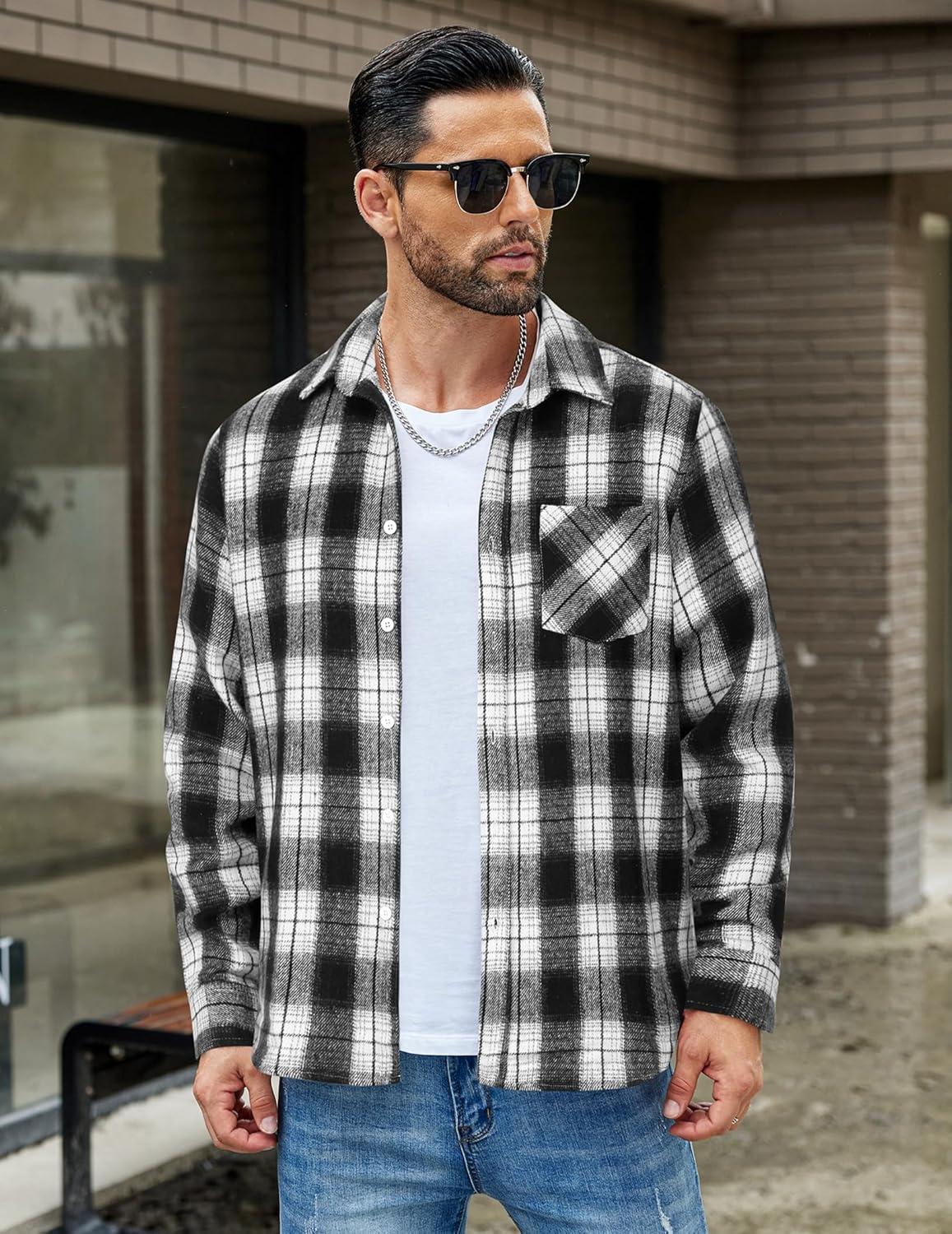 imageCOOFANDY Mens Flannel Shirts Long Sleeve Lightweight Plaid Shirt Casual Button Down Shirts JacketWhite Black