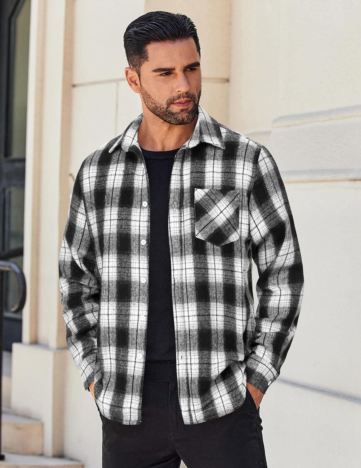 imageCOOFANDY Mens Flannel Shirts Long Sleeve Lightweight Plaid Shirt Casual Button Down Shirts JacketWhite Black