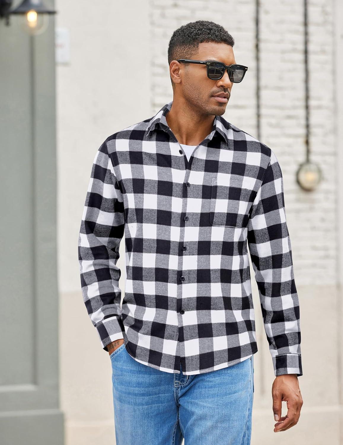 imageCOOFANDY Mens Flannel Shirts Long Sleeve Lightweight Plaid Shirt Casual Button Down Shirts with PocketBlack