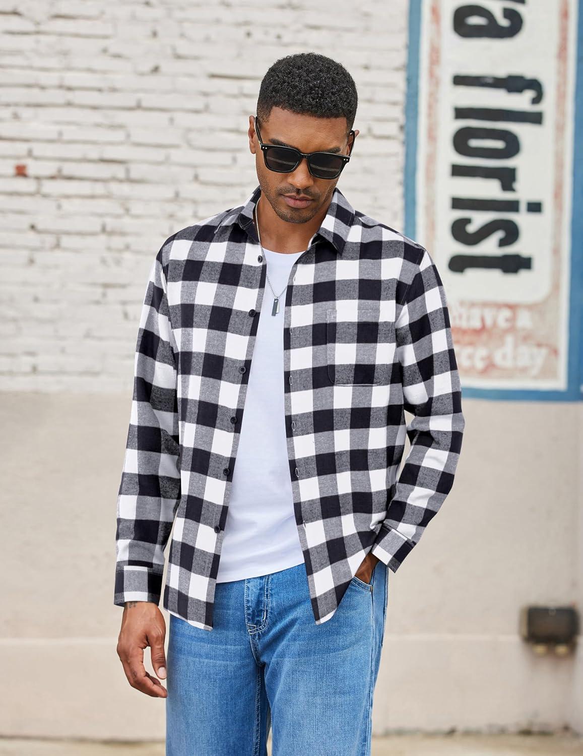 imageCOOFANDY Mens Flannel Shirts Long Sleeve Lightweight Plaid Shirt Casual Button Down Shirts with PocketBlack