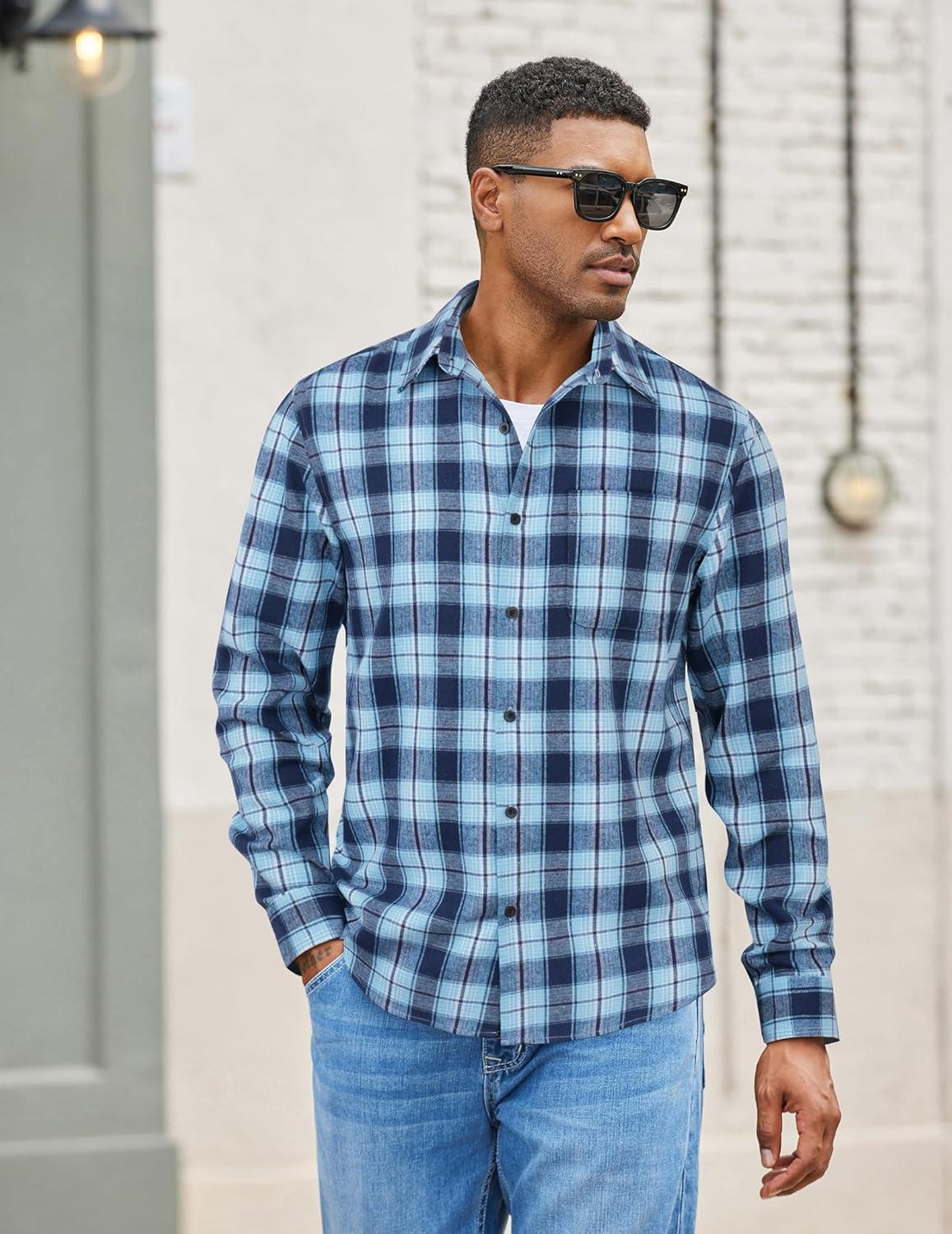 imageCOOFANDY Mens Flannel Shirts Long Sleeve Lightweight Plaid Shirt Casual Button Down Shirts with PocketBlue