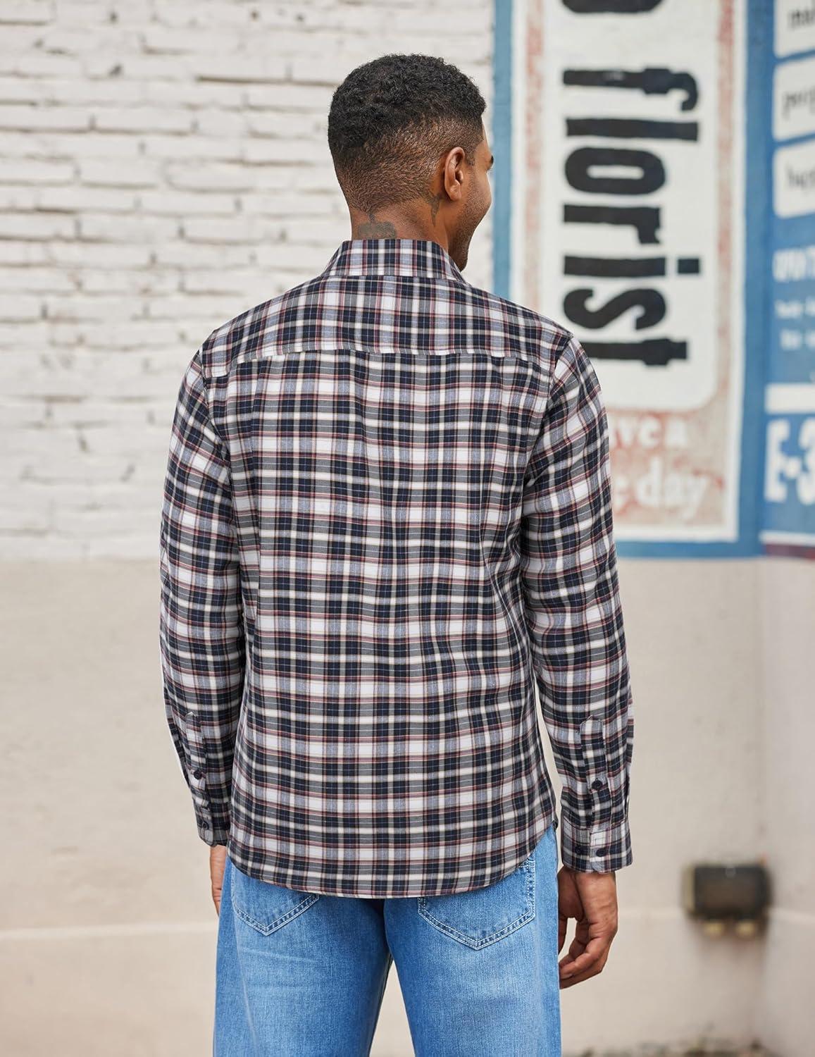 imageCOOFANDY Mens Flannel Shirts Long Sleeve Lightweight Plaid Shirt Casual Button Down Shirts with PocketBlue White