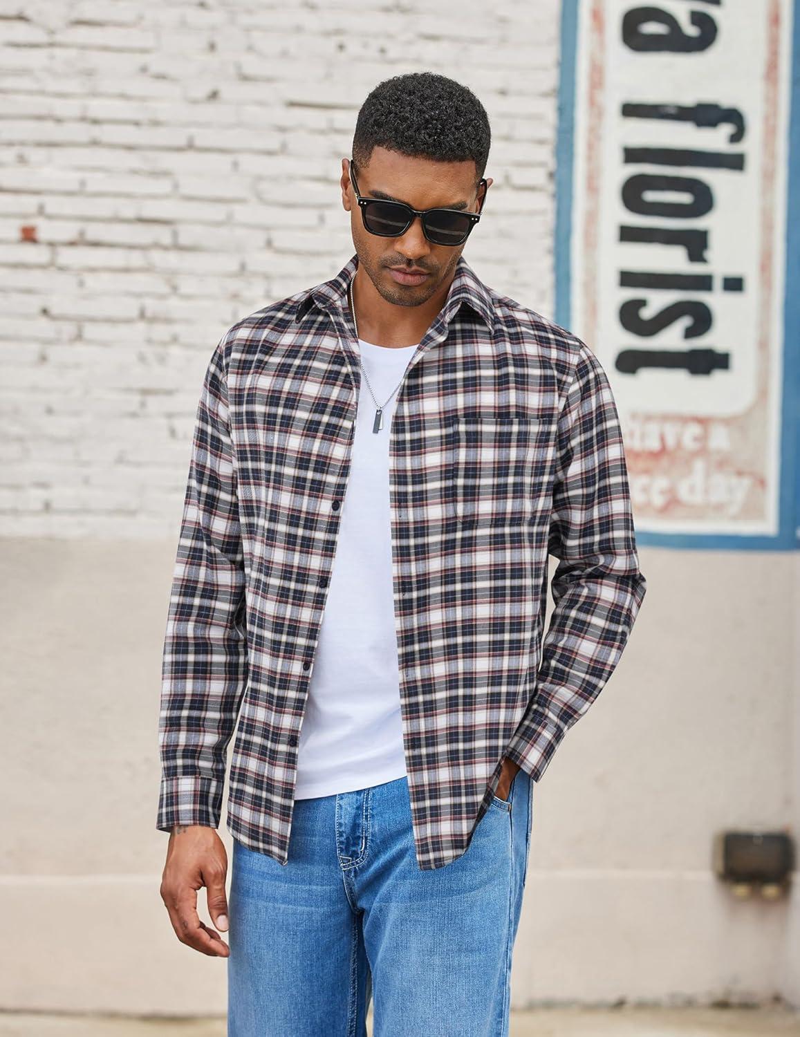 imageCOOFANDY Mens Flannel Shirts Long Sleeve Lightweight Plaid Shirt Casual Button Down Shirts with PocketBlue White