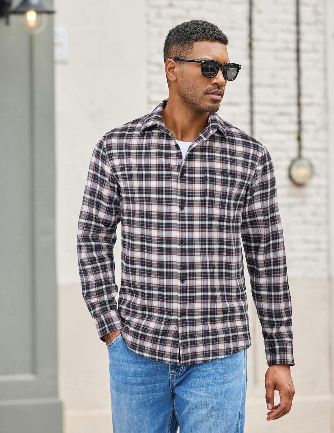 imageCOOFANDY Mens Flannel Shirts Long Sleeve Lightweight Plaid Shirt Casual Button Down Shirts with PocketBlue White