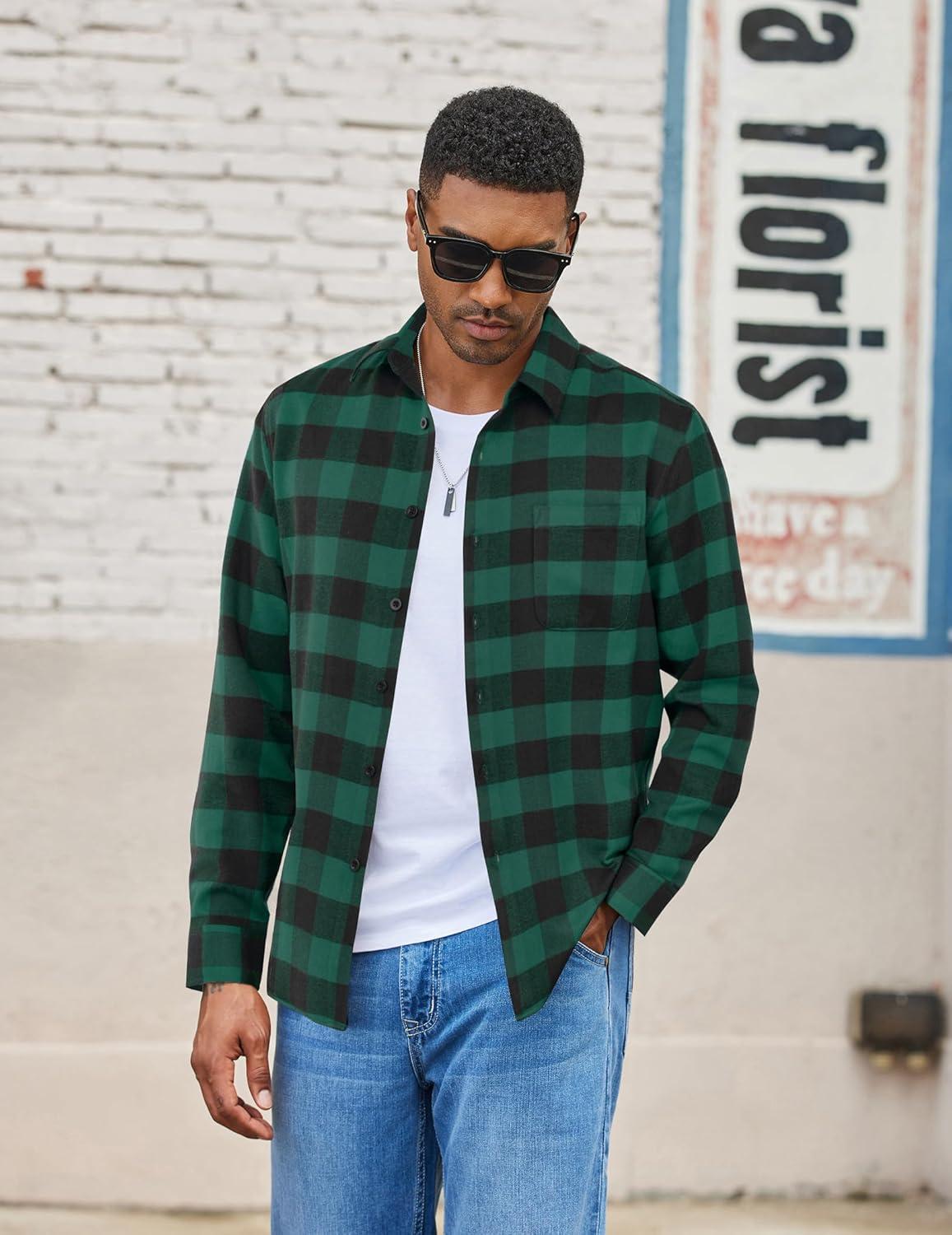imageCOOFANDY Mens Flannel Shirts Long Sleeve Lightweight Plaid Shirt Casual Button Down Shirts with PocketDark Green