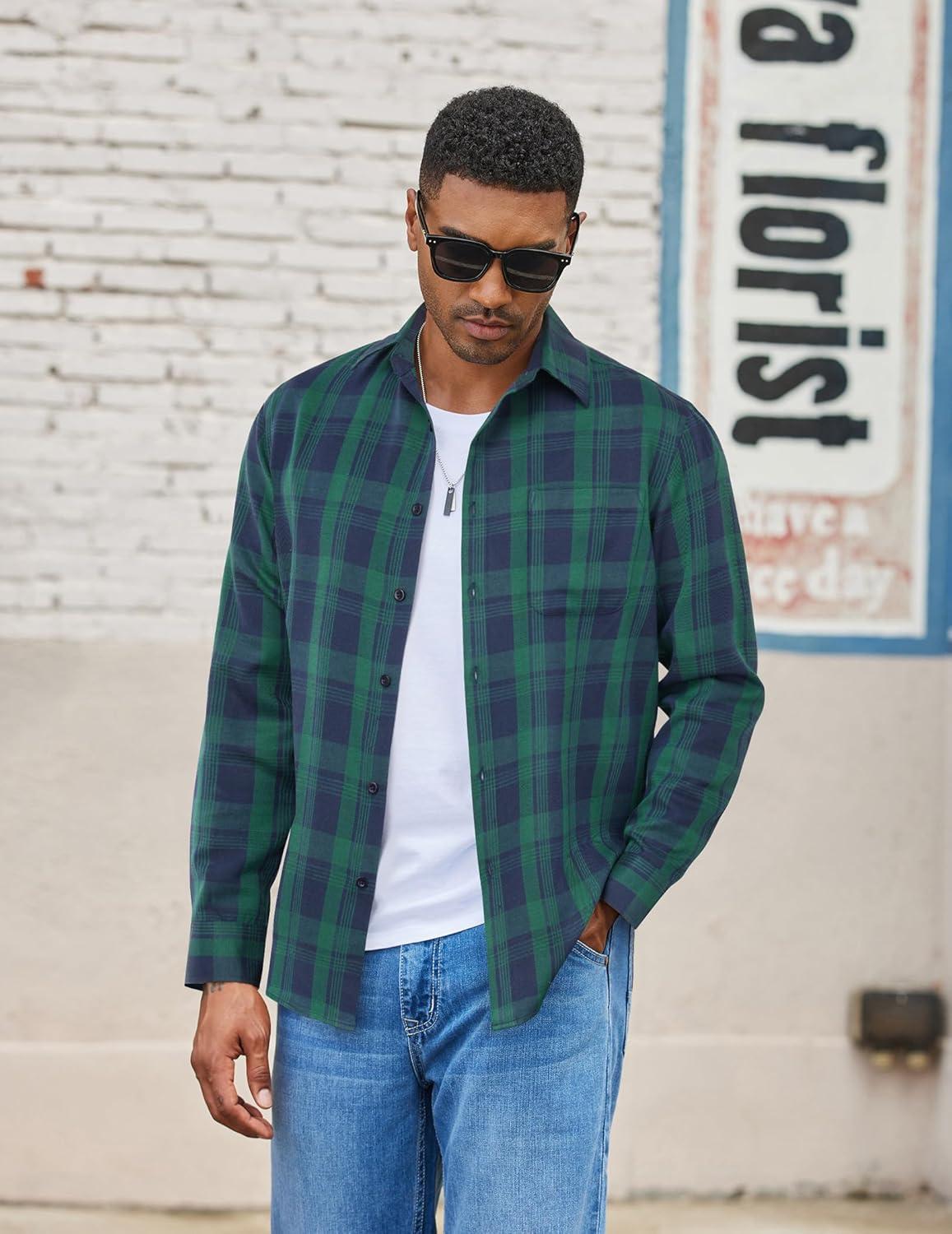imageCOOFANDY Mens Flannel Shirts Long Sleeve Lightweight Plaid Shirt Casual Button Down Shirts with PocketGreen