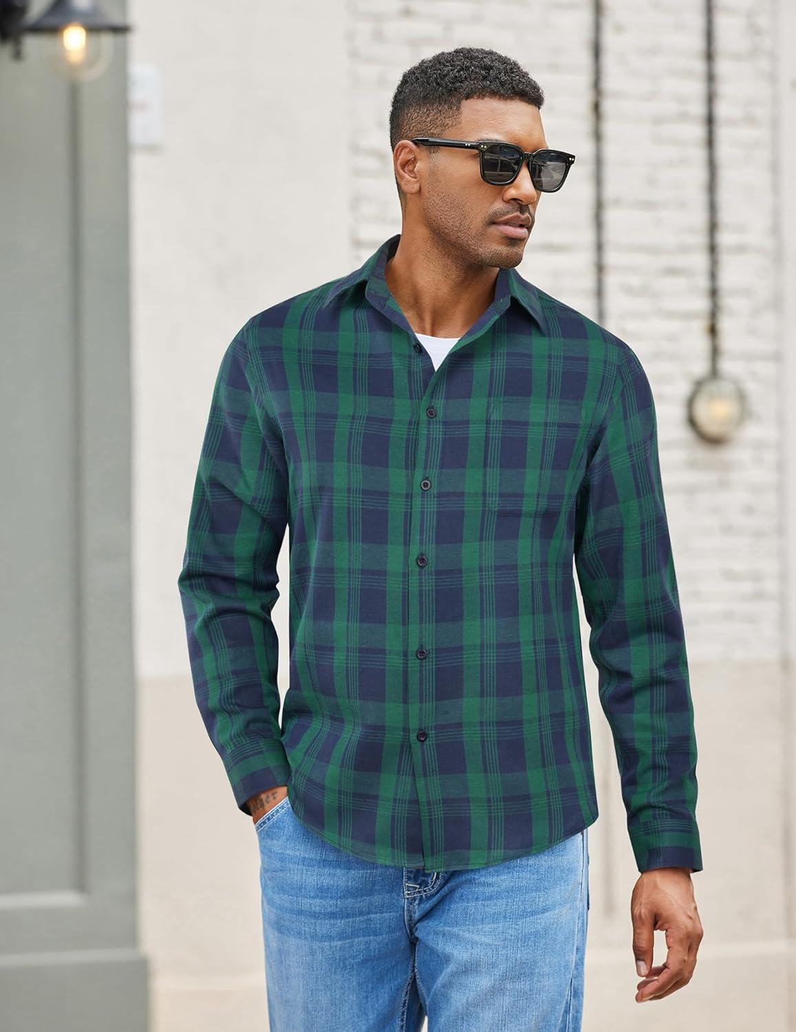 imageCOOFANDY Mens Flannel Shirts Long Sleeve Lightweight Plaid Shirt Casual Button Down Shirts with PocketGreen