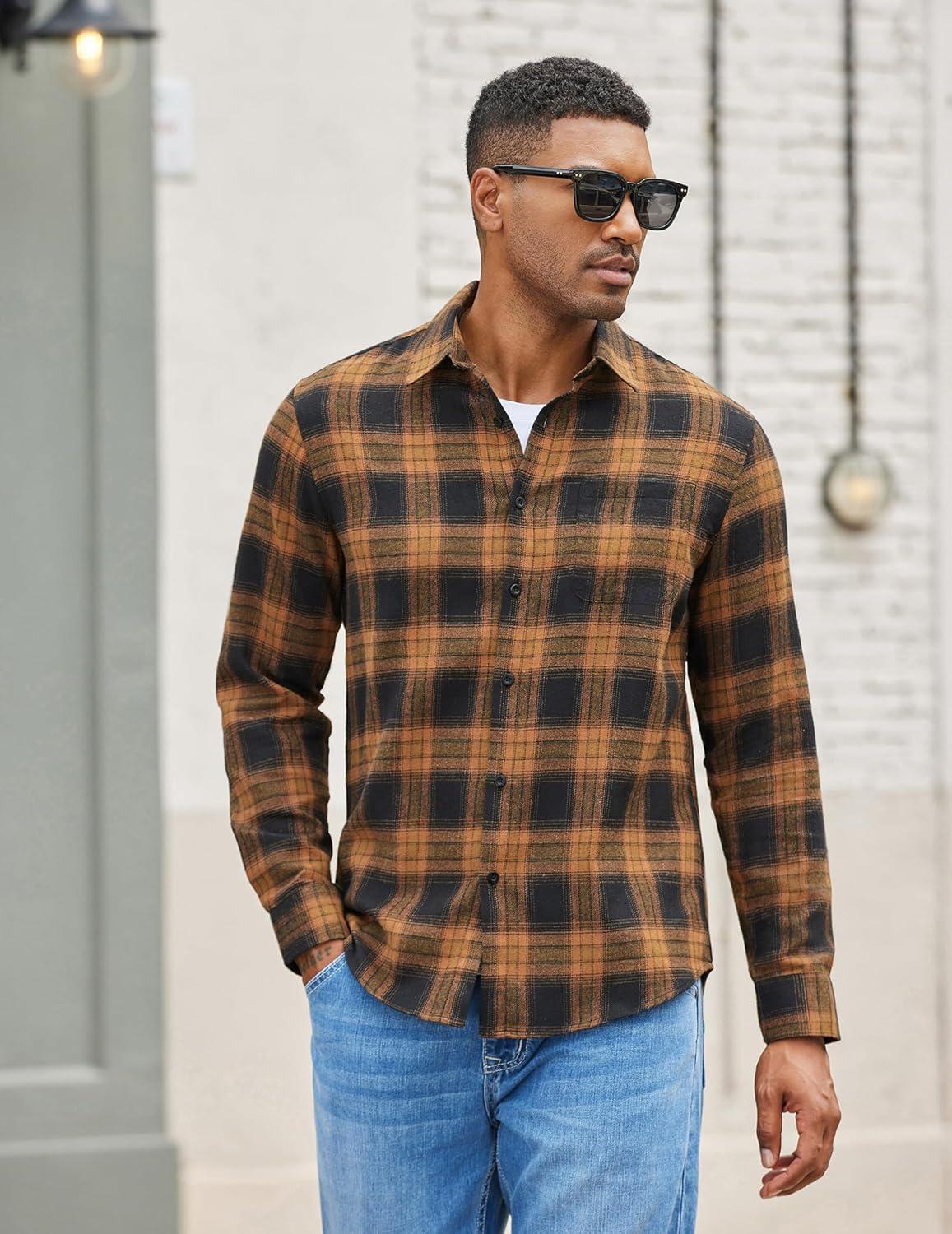 imageCOOFANDY Mens Flannel Shirts Long Sleeve Lightweight Plaid Shirt Casual Button Down Shirts with PocketKhaki