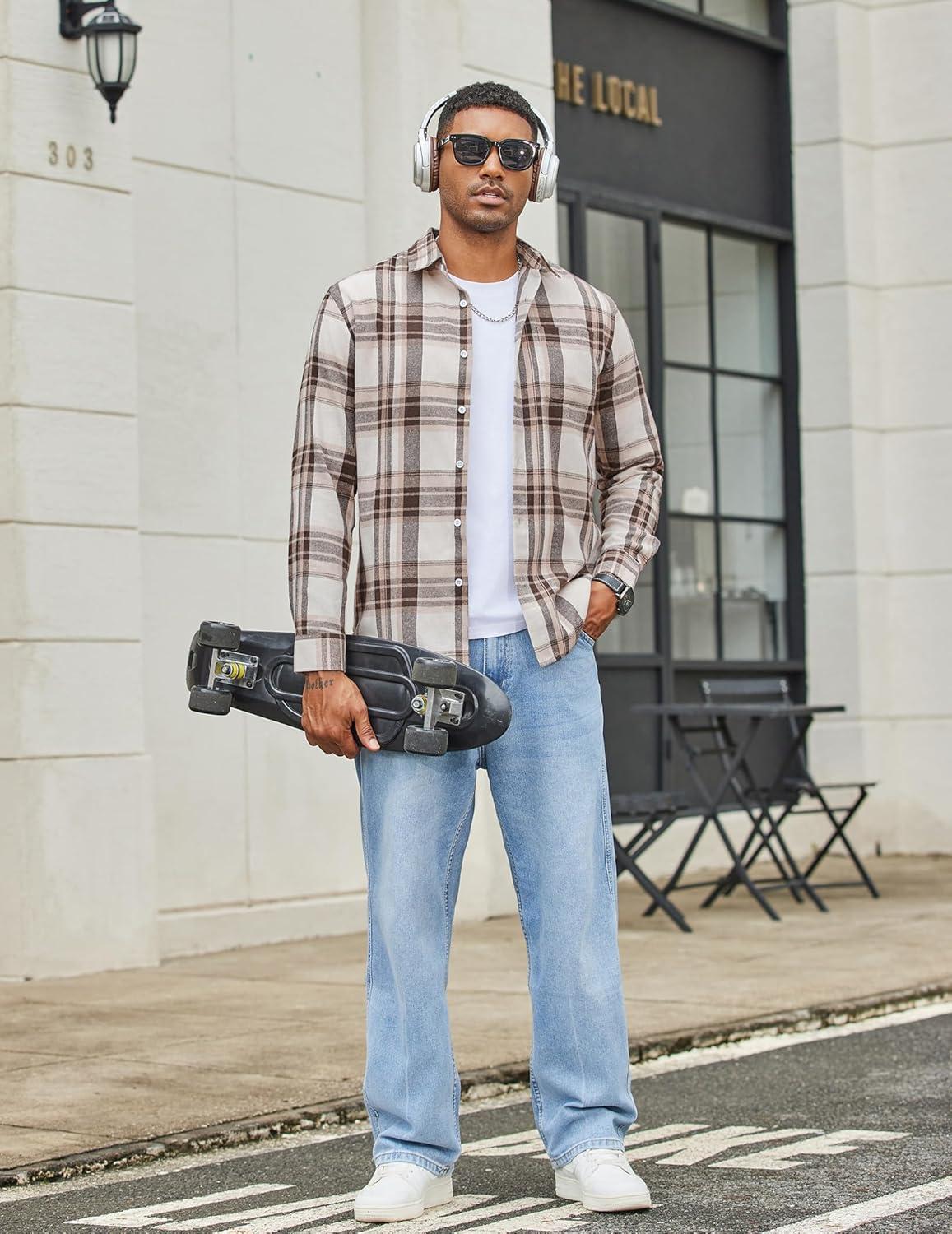 imageCOOFANDY Mens Flannel Shirts Long Sleeve Lightweight Plaid Shirt Casual Button Down Shirts with PocketLight Khaki