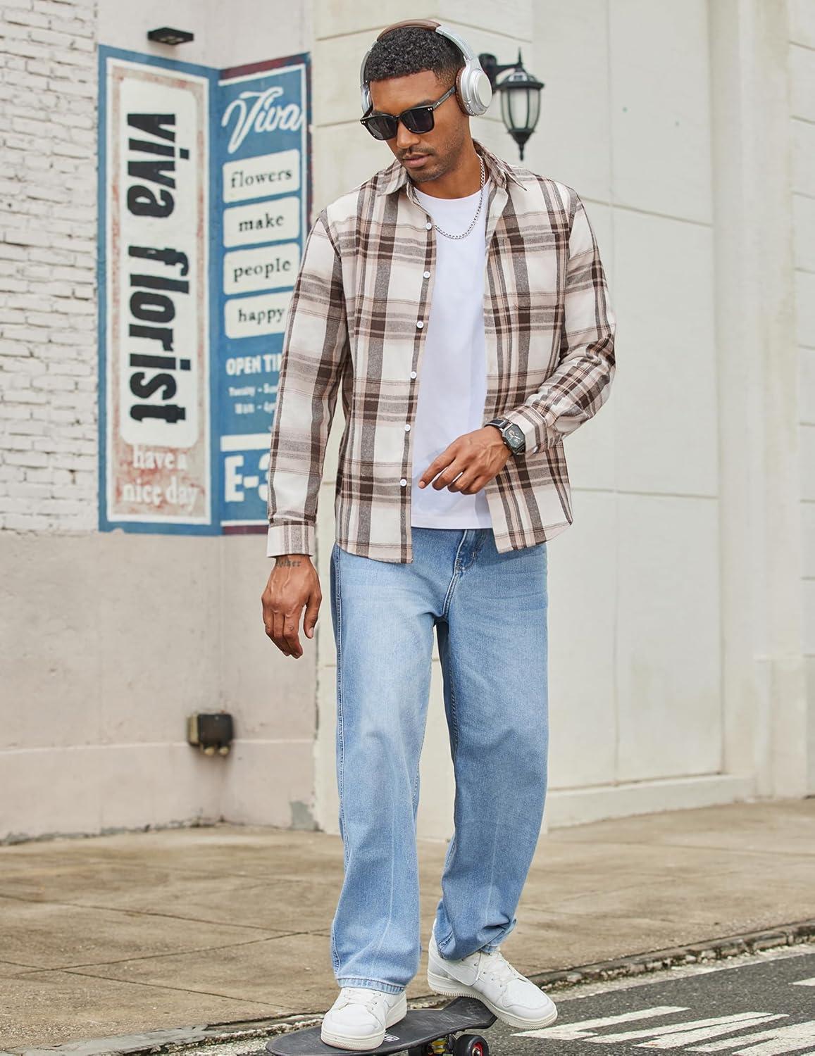 imageCOOFANDY Mens Flannel Shirts Long Sleeve Lightweight Plaid Shirt Casual Button Down Shirts with PocketLight Khaki