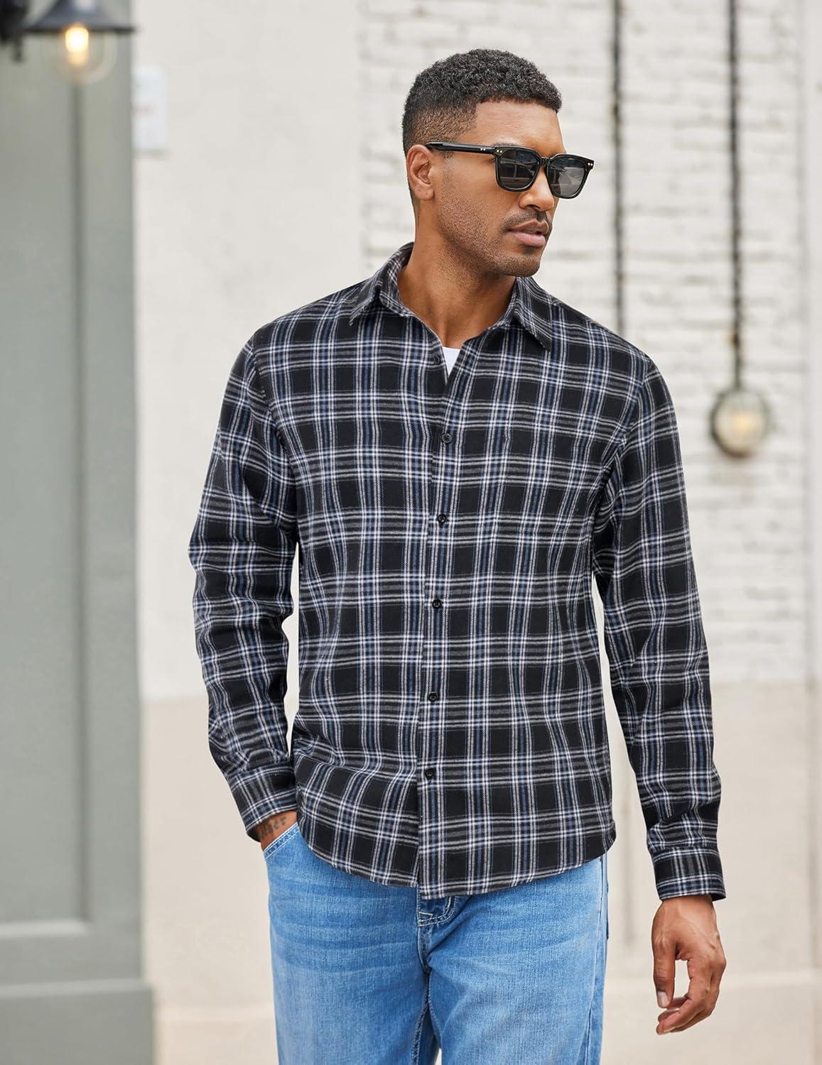 imageCOOFANDY Mens Flannel Shirts Long Sleeve Lightweight Plaid Shirt Casual Button Down Shirts with PocketNavy Blue