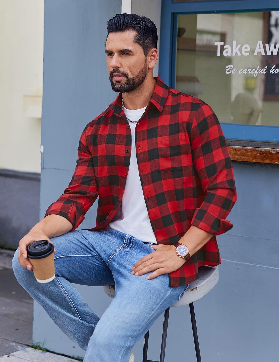 imageCOOFANDY Mens Flannel Shirts Long Sleeve Lightweight Plaid Shirt Casual Button Down Shirts with PocketRed