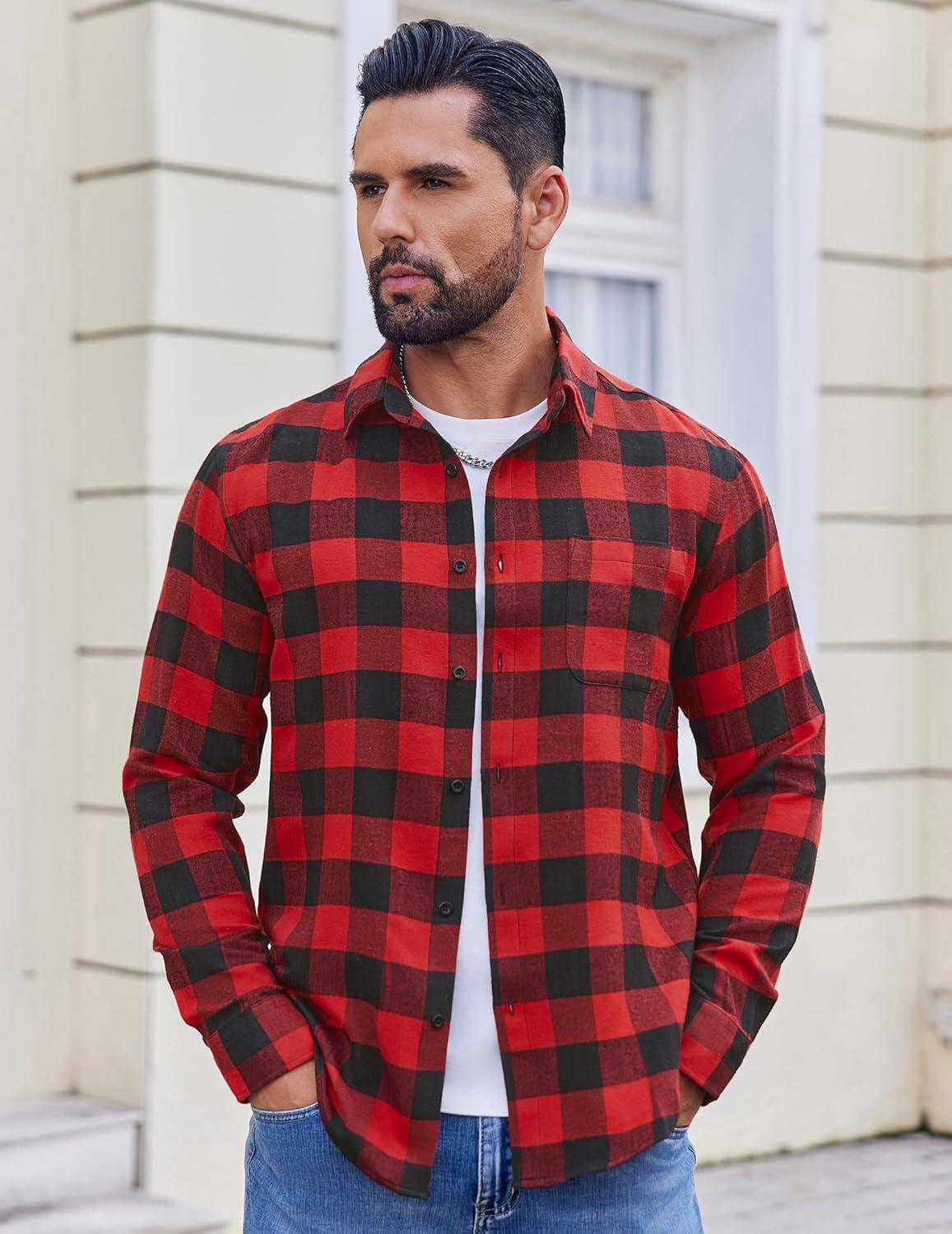 imageCOOFANDY Mens Flannel Shirts Long Sleeve Lightweight Plaid Shirt Casual Button Down Shirts with PocketRed