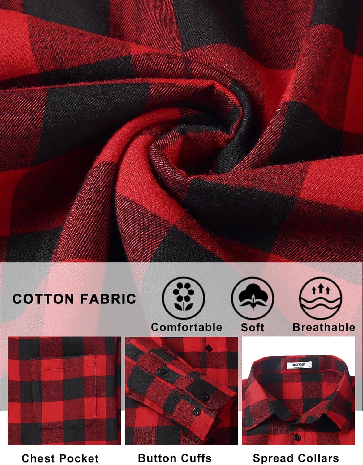 imageCOOFANDY Mens Flannel Shirts Long Sleeve Lightweight Plaid Shirt Casual Button Down Shirts with PocketRed