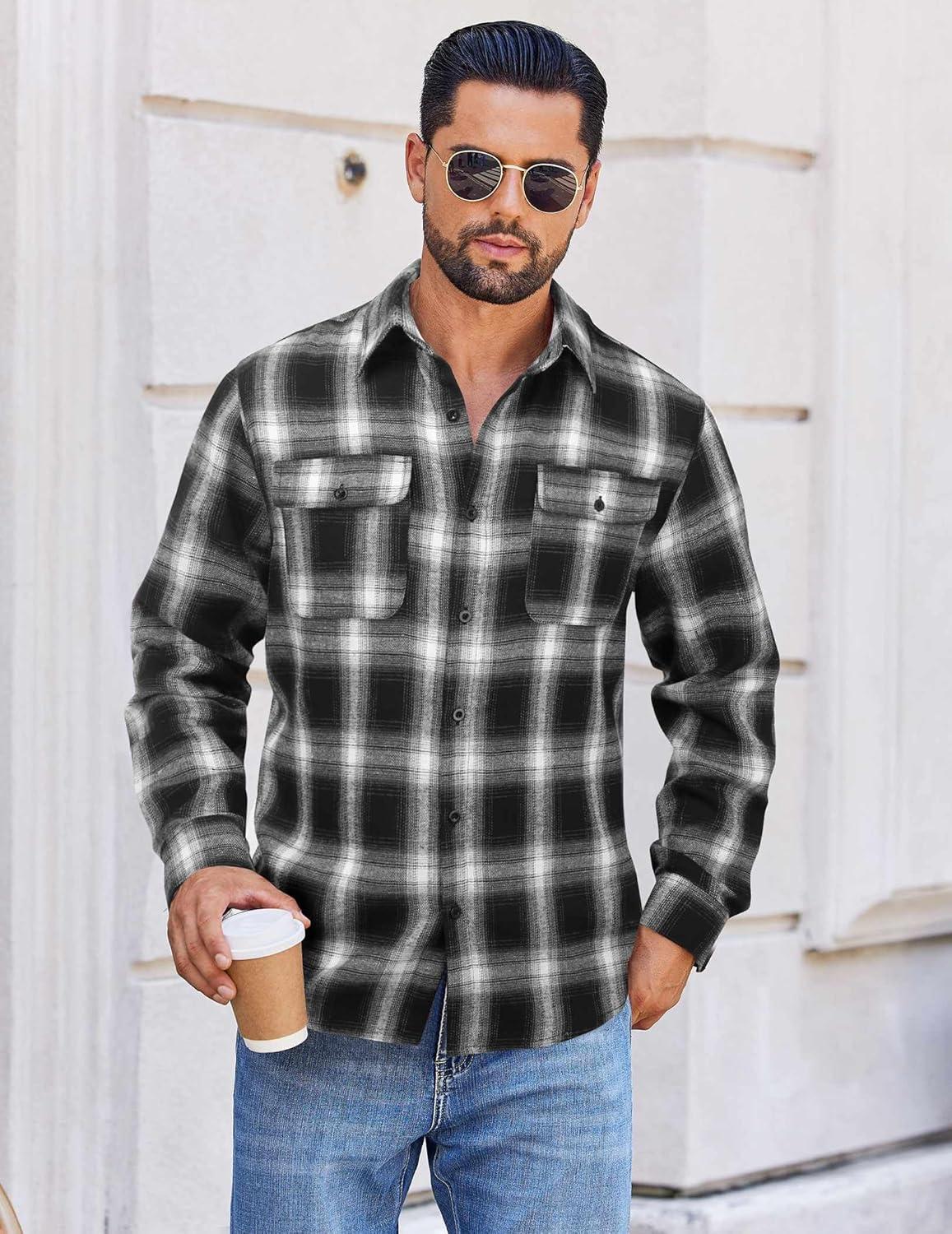 imageCOOFANDY Mens Flannel Shirts Long Sleeve Plaid Button Down Shirt Cotton Casual Work Shirts with PocketsBlack White