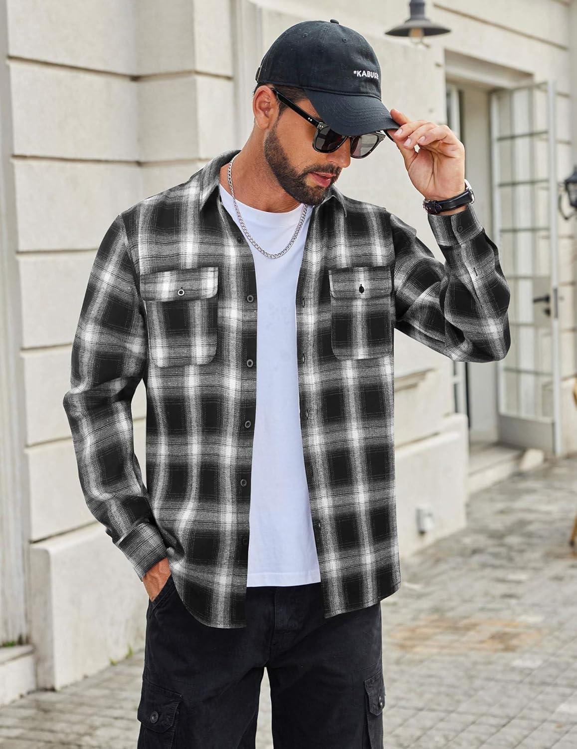 imageCOOFANDY Mens Flannel Shirts Long Sleeve Plaid Button Down Shirt Cotton Casual Work Shirts with PocketsBlack White