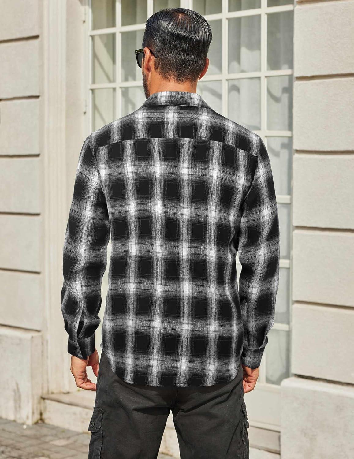 imageCOOFANDY Mens Flannel Shirts Long Sleeve Plaid Button Down Shirt Cotton Casual Work Shirts with PocketsBlack White