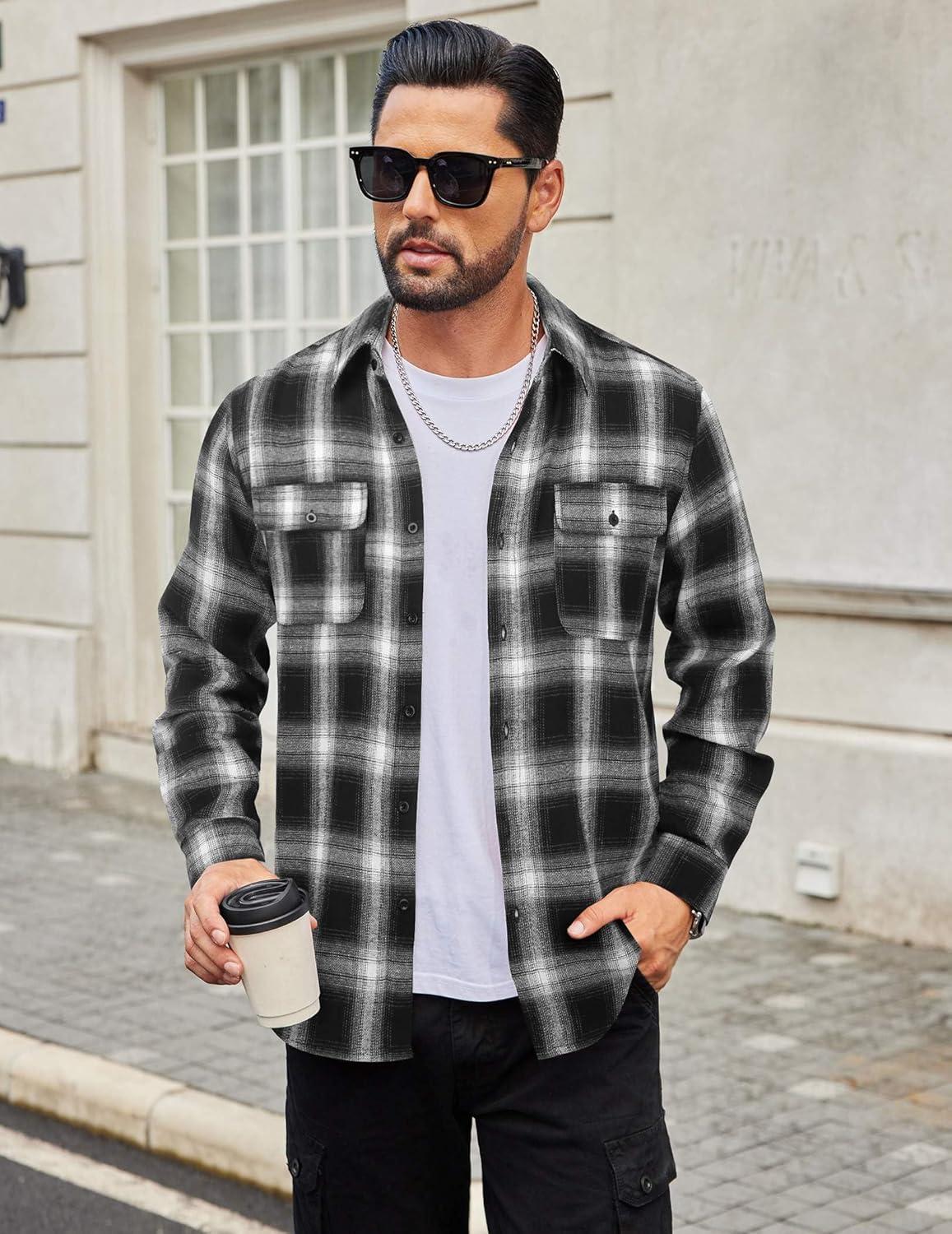 imageCOOFANDY Mens Flannel Shirts Long Sleeve Plaid Button Down Shirt Cotton Casual Work Shirts with PocketsBlack White