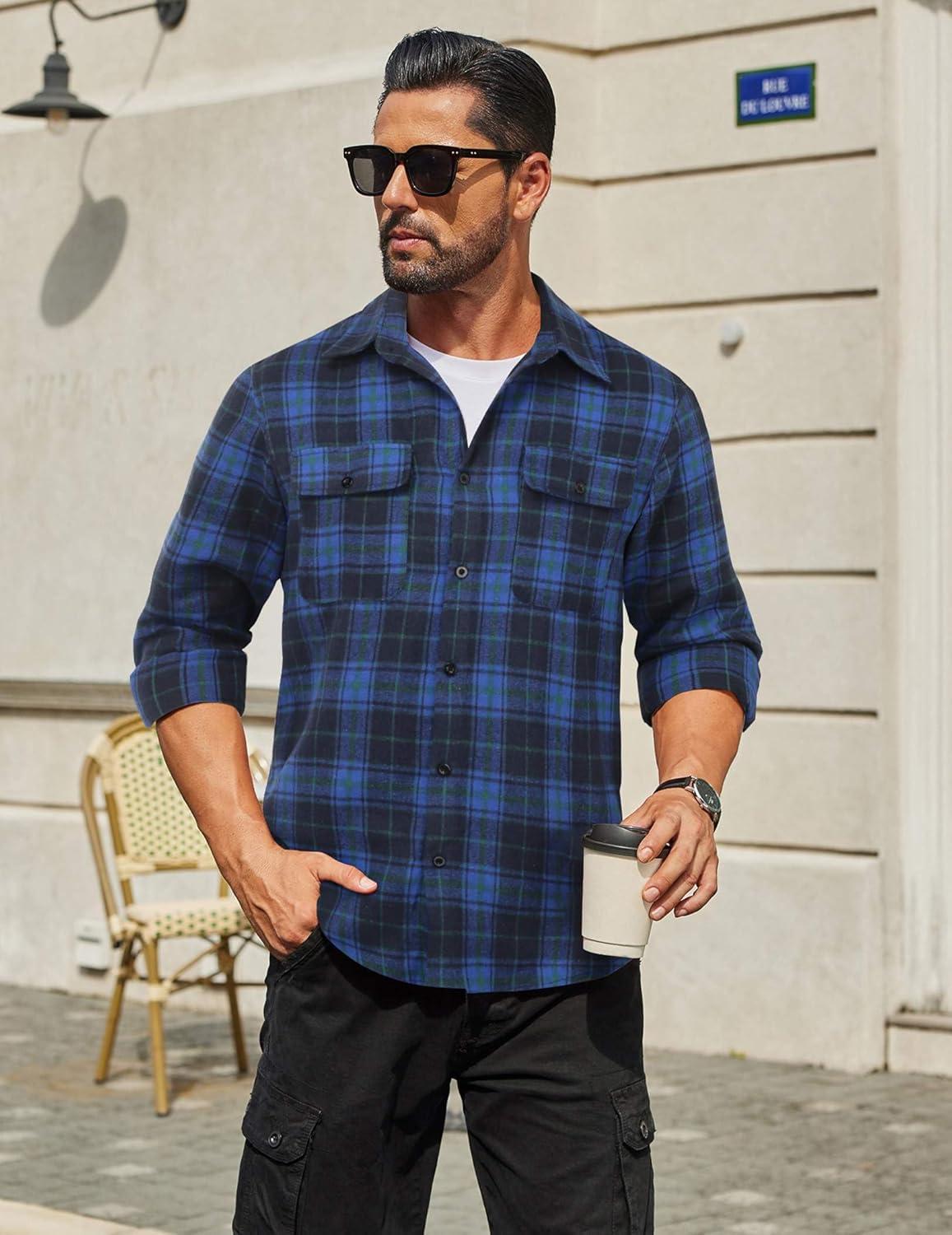 imageCOOFANDY Mens Flannel Shirts Long Sleeve Plaid Button Down Shirt Cotton Casual Work Shirts with PocketsBlue Black