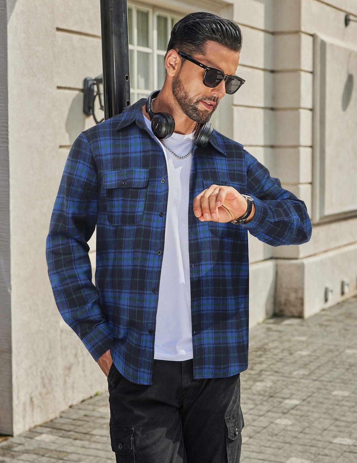 imageCOOFANDY Mens Flannel Shirts Long Sleeve Plaid Button Down Shirt Cotton Casual Work Shirts with PocketsBlue Black