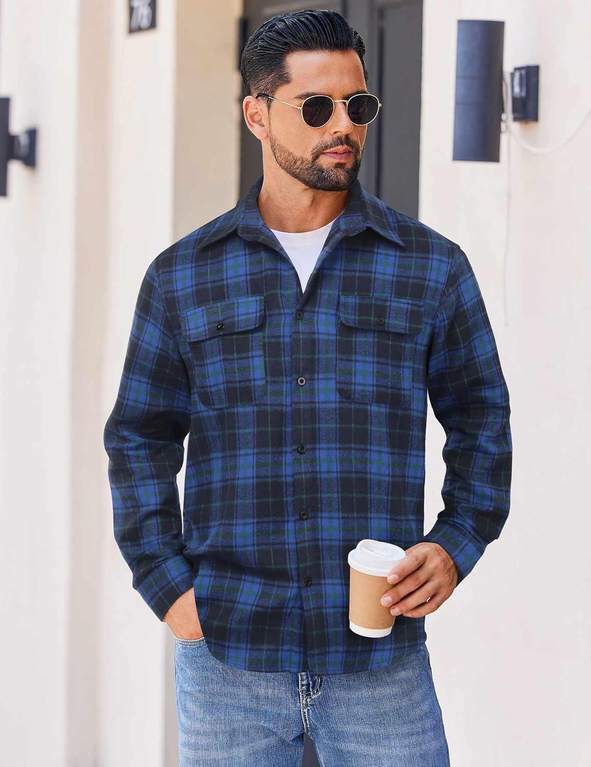 imageCOOFANDY Mens Flannel Shirts Long Sleeve Plaid Button Down Shirt Cotton Casual Work Shirts with PocketsBlue Black