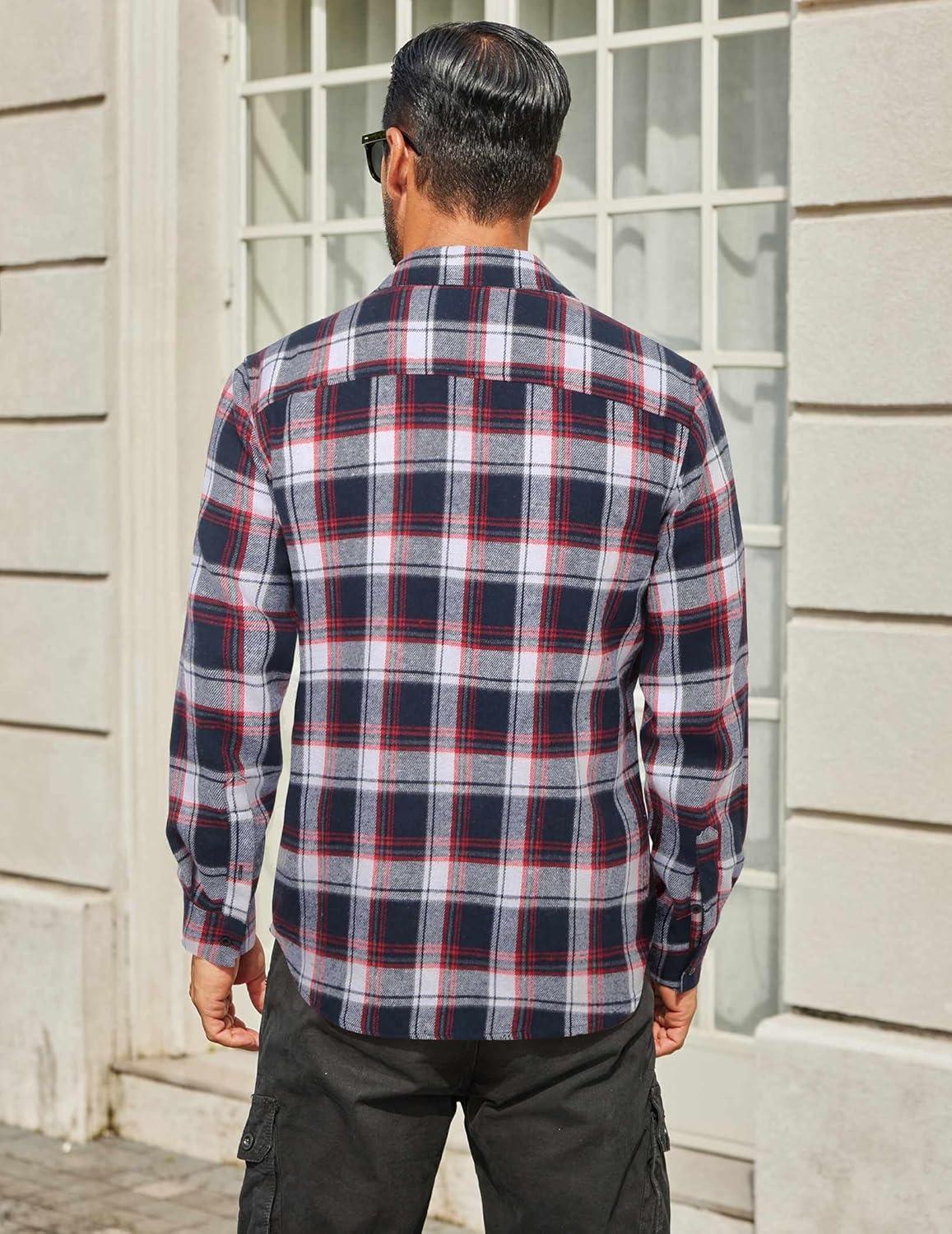 imageCOOFANDY Mens Flannel Shirts Long Sleeve Plaid Button Down Shirt Cotton Casual Work Shirts with PocketsNavy Red White