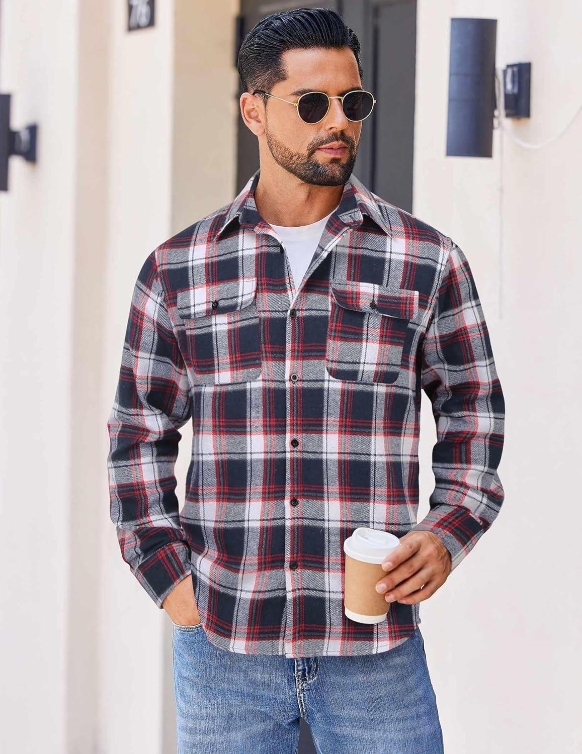 imageCOOFANDY Mens Flannel Shirts Long Sleeve Plaid Button Down Shirt Cotton Casual Work Shirts with PocketsNavy Red White