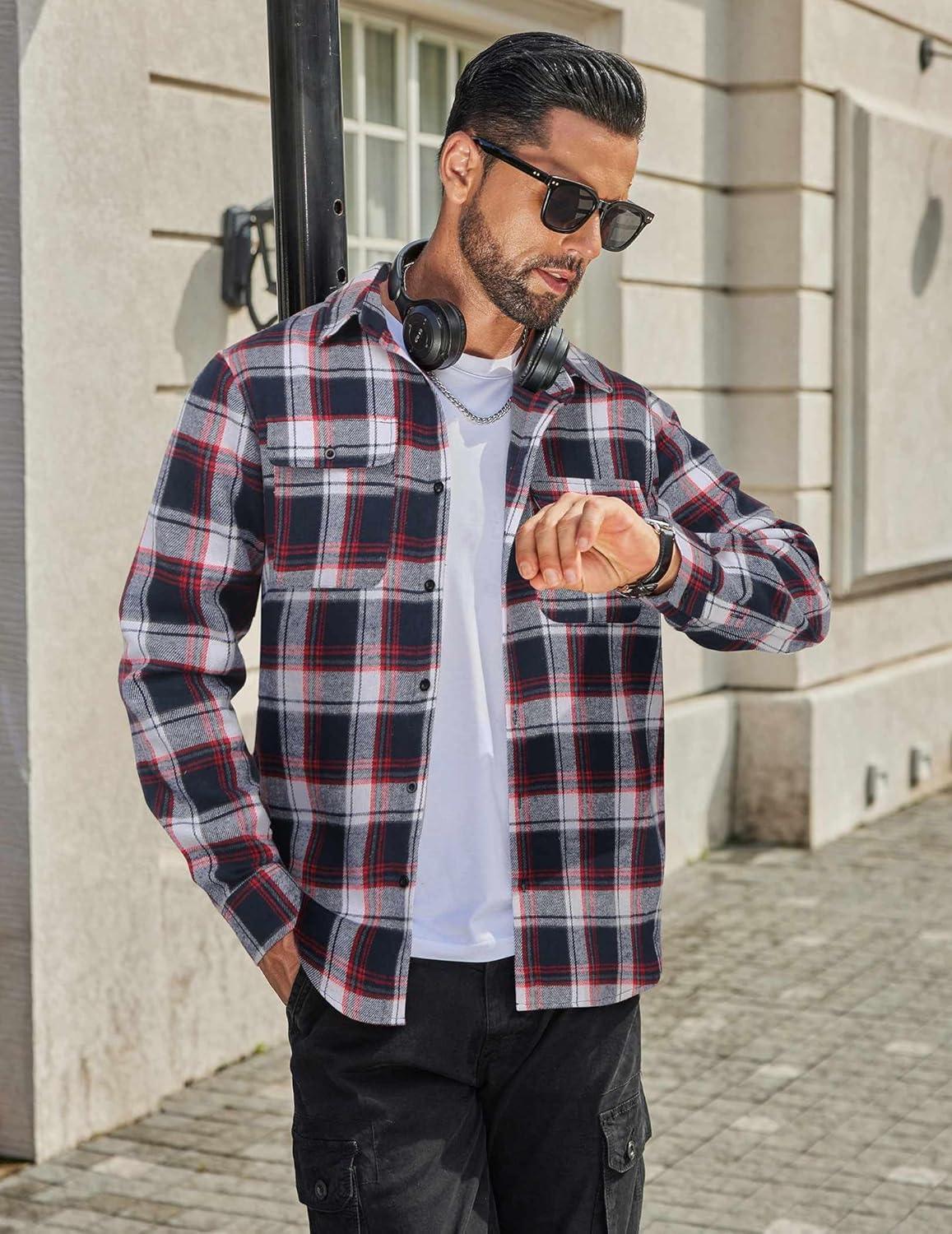 imageCOOFANDY Mens Flannel Shirts Long Sleeve Plaid Button Down Shirt Cotton Casual Work Shirts with PocketsNavy Red White