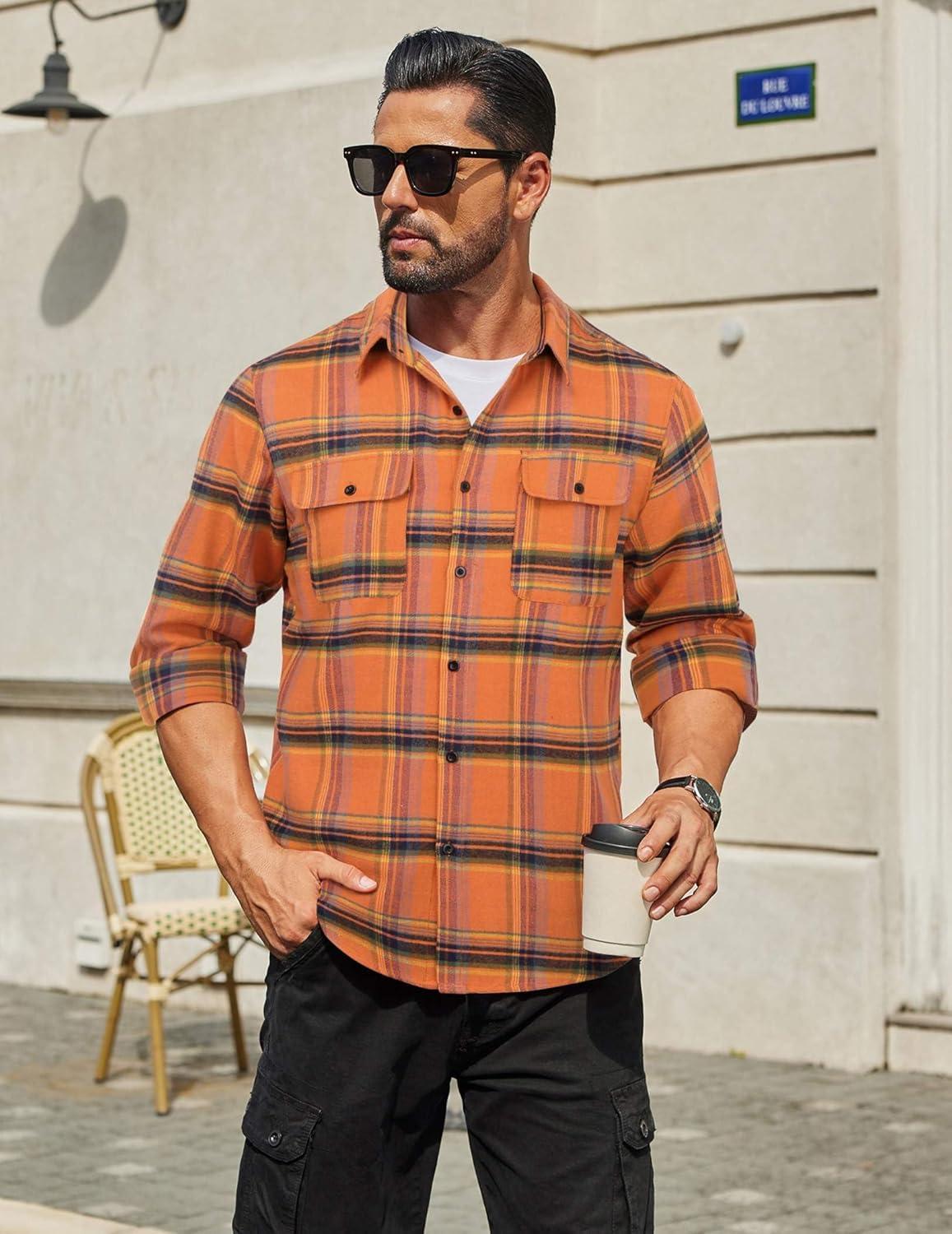 imageCOOFANDY Mens Flannel Shirts Long Sleeve Plaid Button Down Shirt Cotton Casual Work Shirts with PocketsOrange