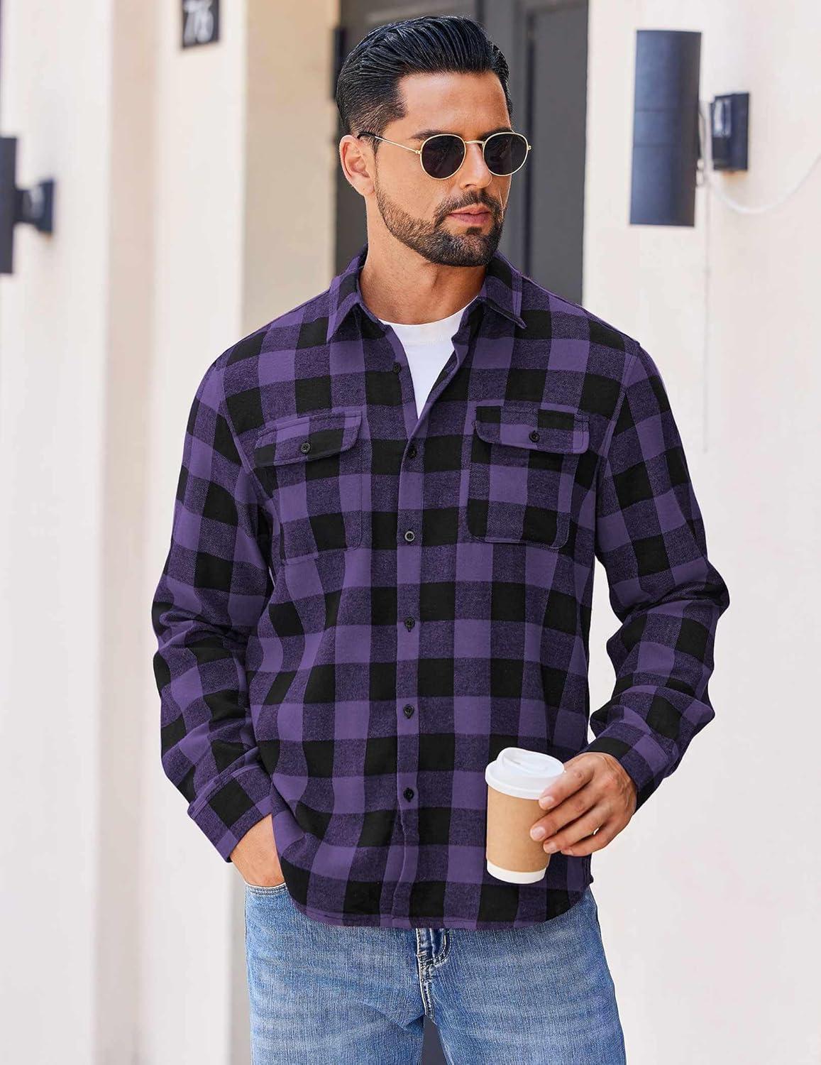 imageCOOFANDY Mens Flannel Shirts Long Sleeve Plaid Button Down Shirt Cotton Casual Work Shirts with PocketsPurple
