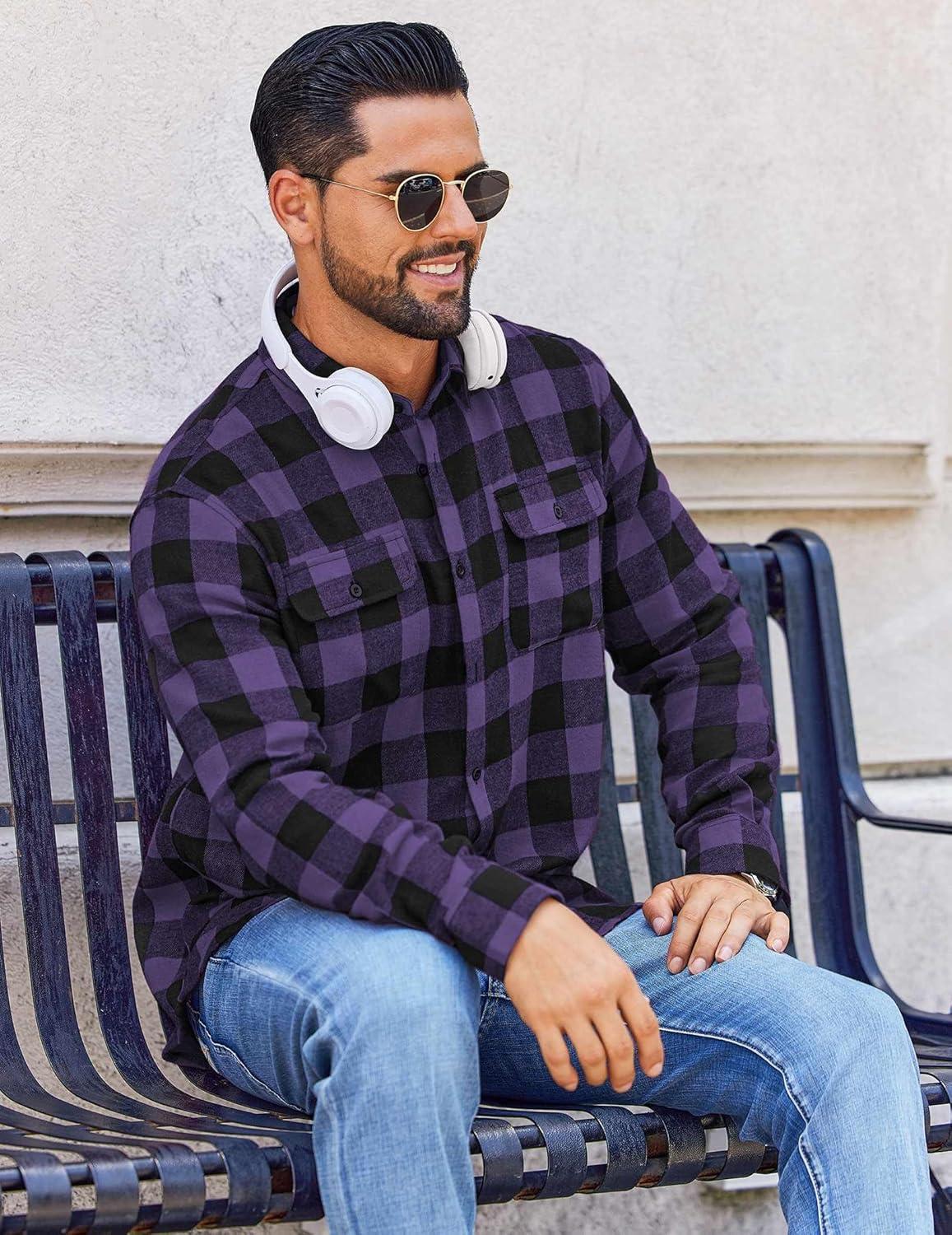 imageCOOFANDY Mens Flannel Shirts Long Sleeve Plaid Button Down Shirt Cotton Casual Work Shirts with PocketsPurple