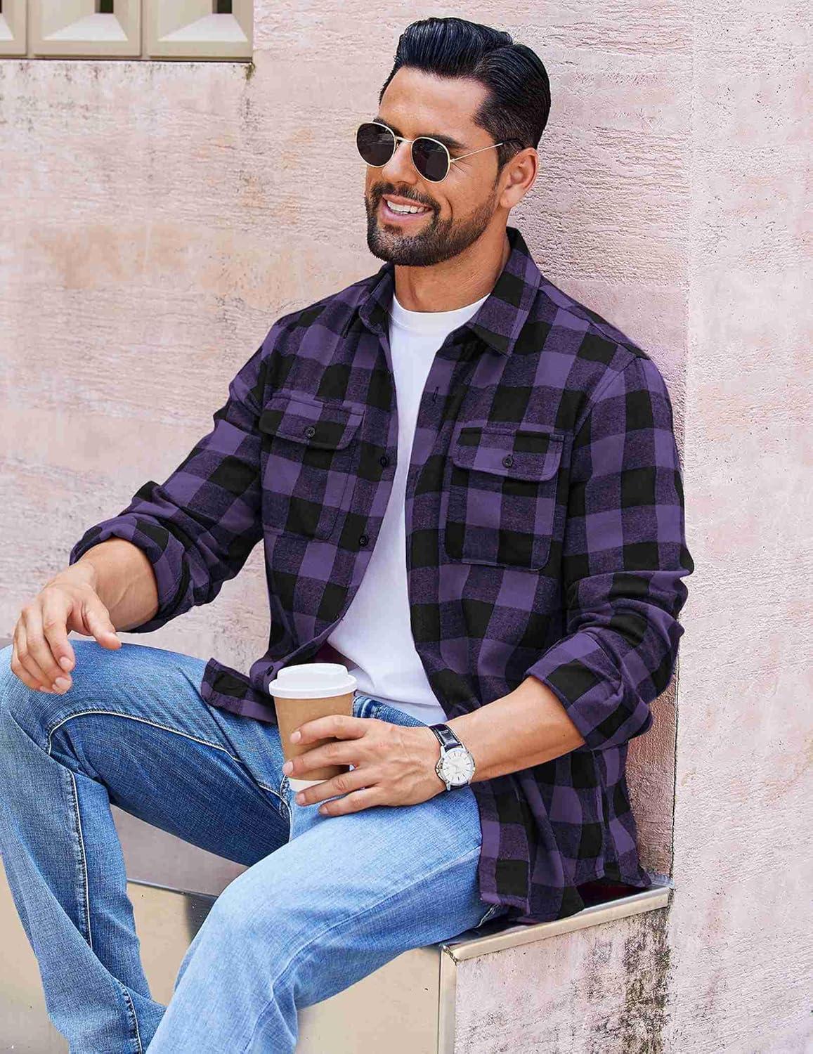 imageCOOFANDY Mens Flannel Shirts Long Sleeve Plaid Button Down Shirt Cotton Casual Work Shirts with PocketsPurple