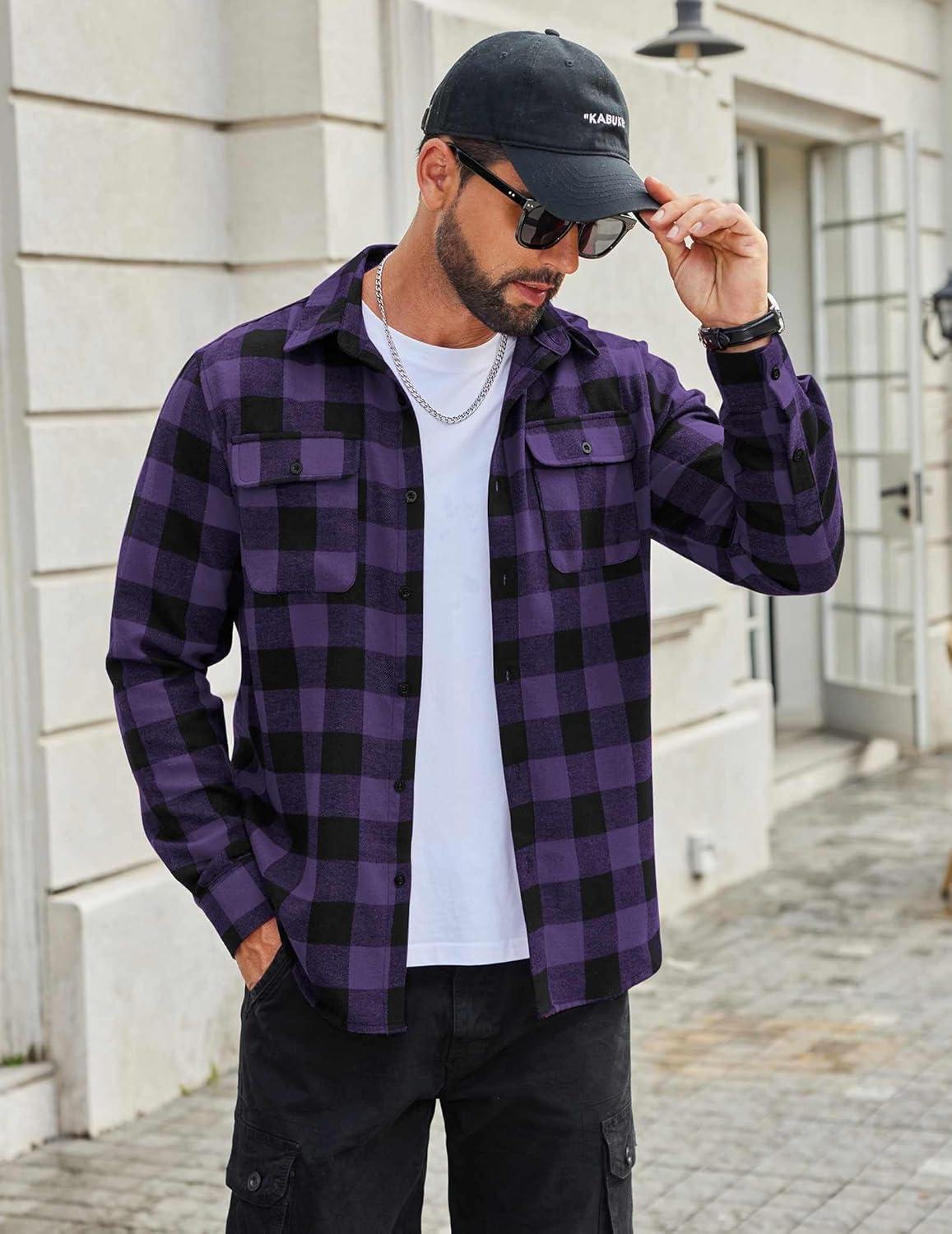 imageCOOFANDY Mens Flannel Shirts Long Sleeve Plaid Button Down Shirt Cotton Casual Work Shirts with PocketsPurple
