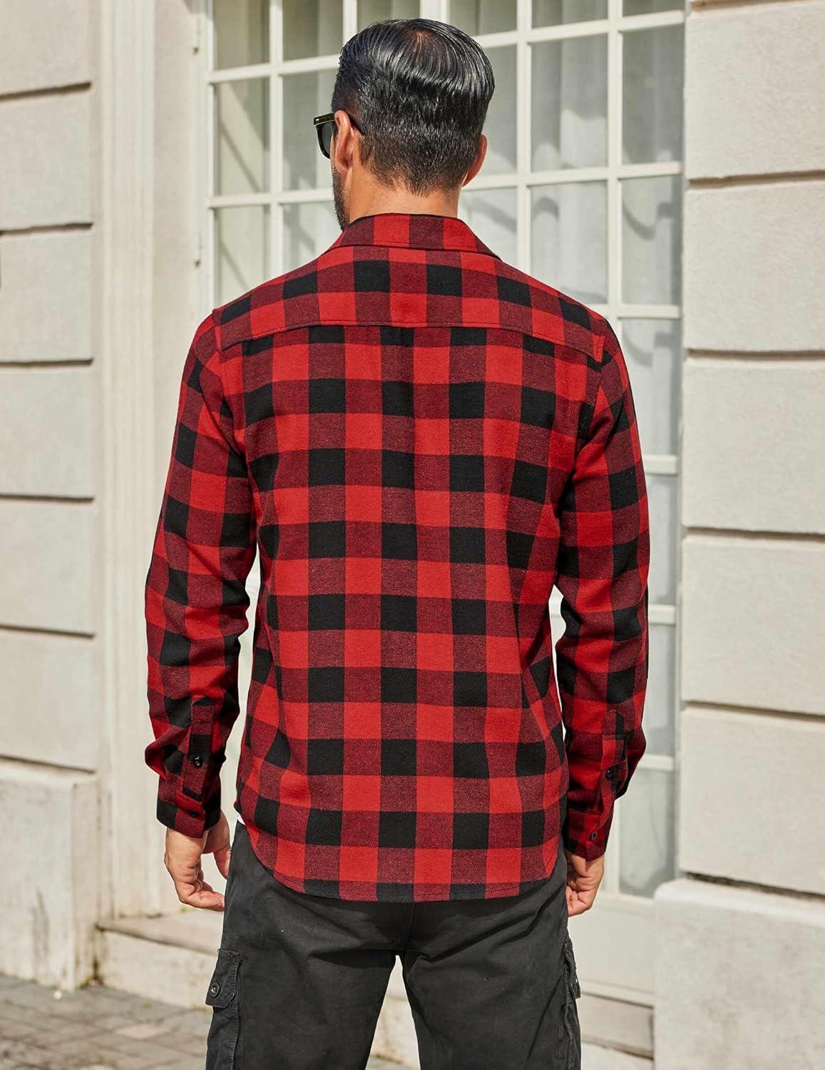 imageCOOFANDY Mens Flannel Shirts Long Sleeve Plaid Button Down Shirt Cotton Casual Work Shirts with PocketsRed