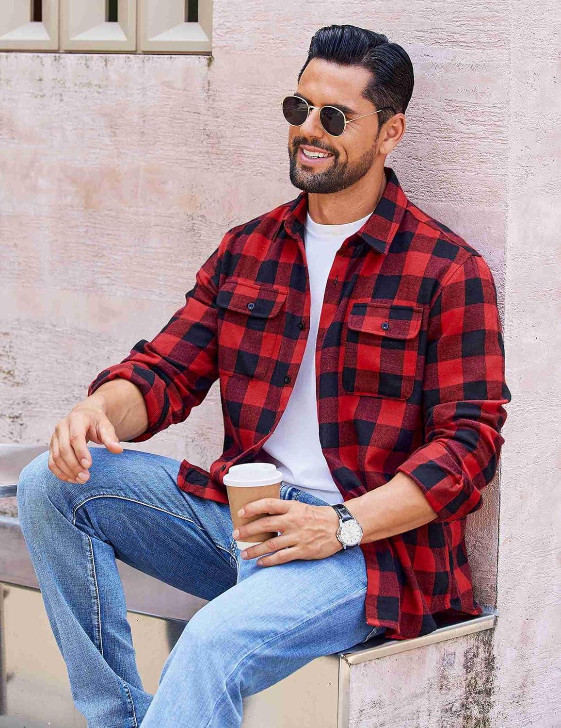 imageCOOFANDY Mens Flannel Shirts Long Sleeve Plaid Button Down Shirt Cotton Casual Work Shirts with PocketsRed