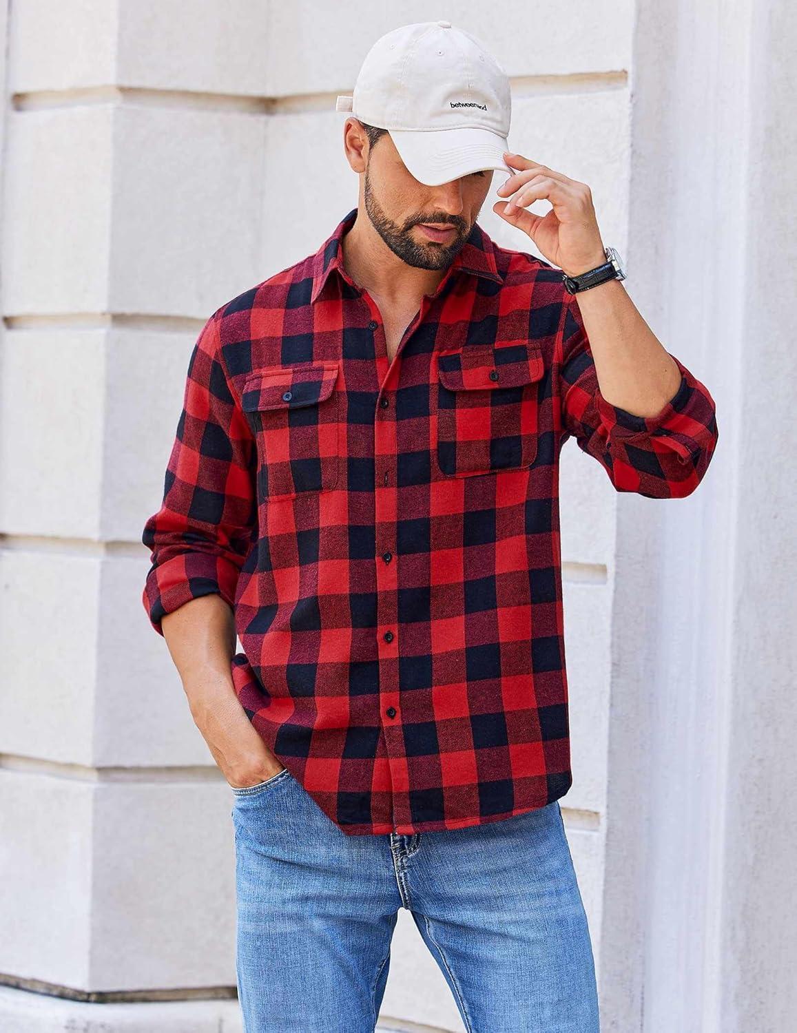 imageCOOFANDY Mens Flannel Shirts Long Sleeve Plaid Button Down Shirt Cotton Casual Work Shirts with PocketsRed