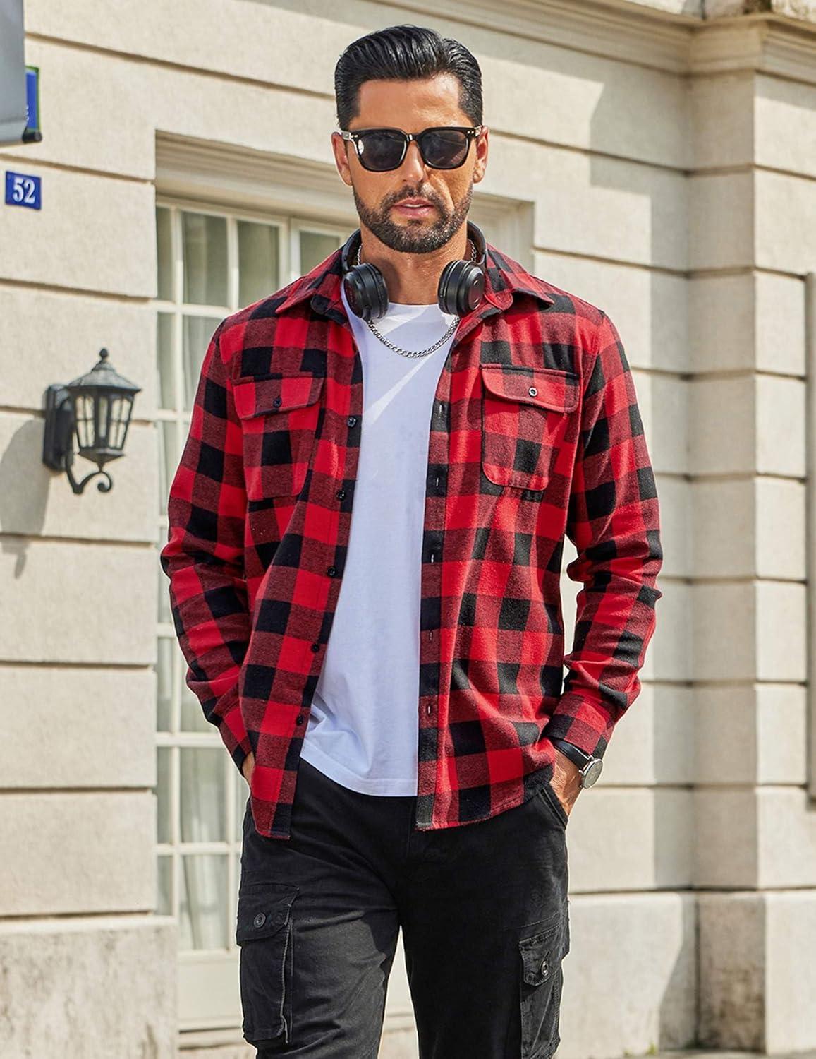 imageCOOFANDY Mens Flannel Shirts Long Sleeve Plaid Button Down Shirt Cotton Casual Work Shirts with PocketsRed