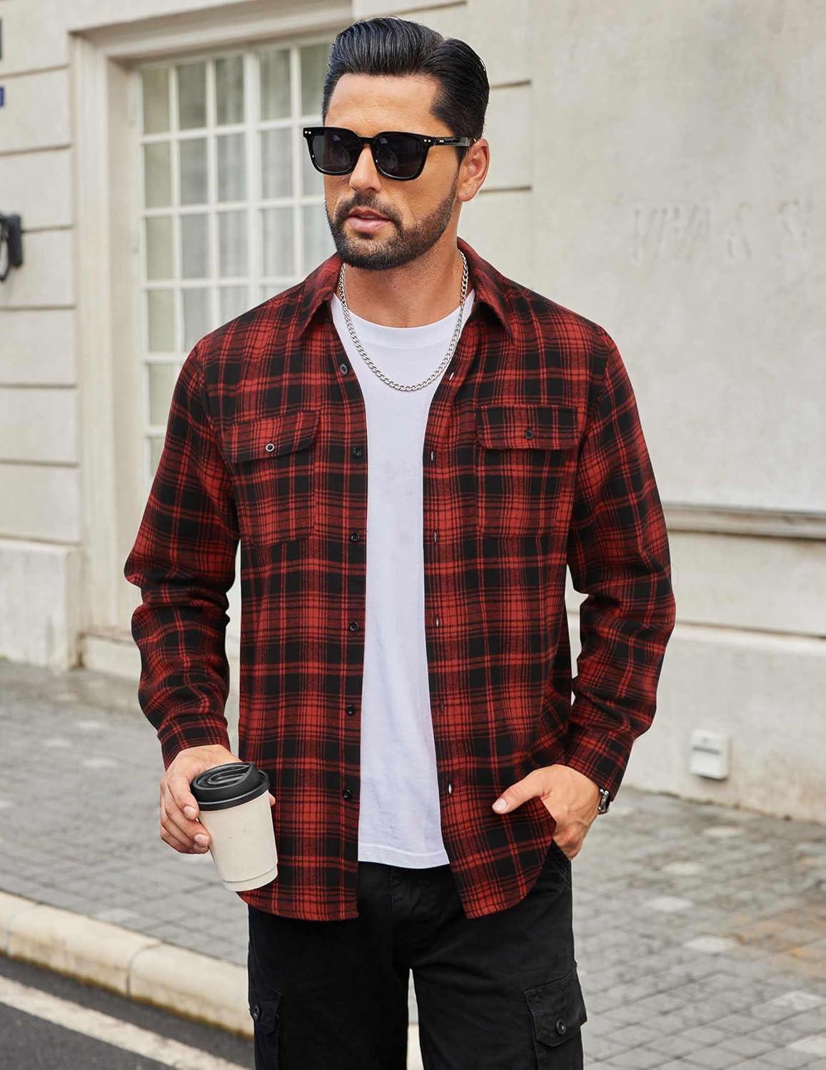 imageCOOFANDY Mens Flannel Shirts Long Sleeve Plaid Button Down Shirt Cotton Casual Work Shirts with PocketsRed Black