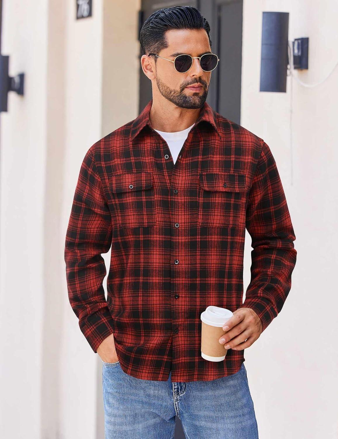 imageCOOFANDY Mens Flannel Shirts Long Sleeve Plaid Button Down Shirt Cotton Casual Work Shirts with PocketsRed Black