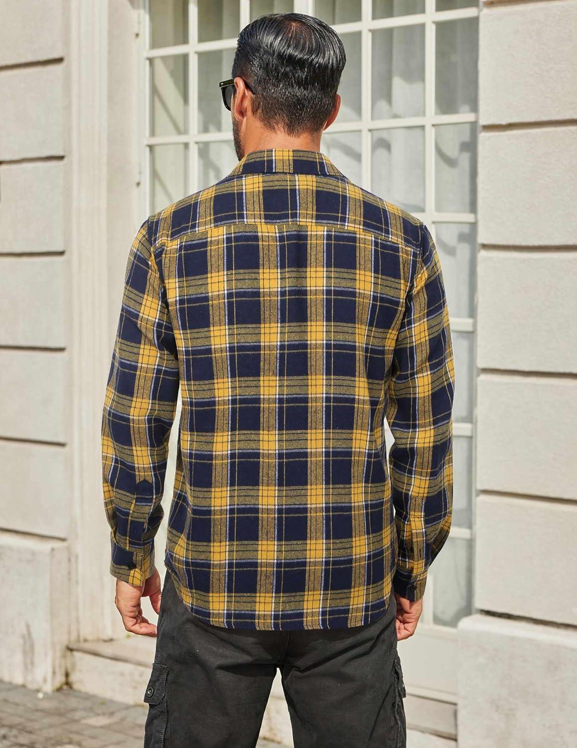imageCOOFANDY Mens Flannel Shirts Long Sleeve Plaid Button Down Shirt Cotton Casual Work Shirts with PocketsYellow Navy