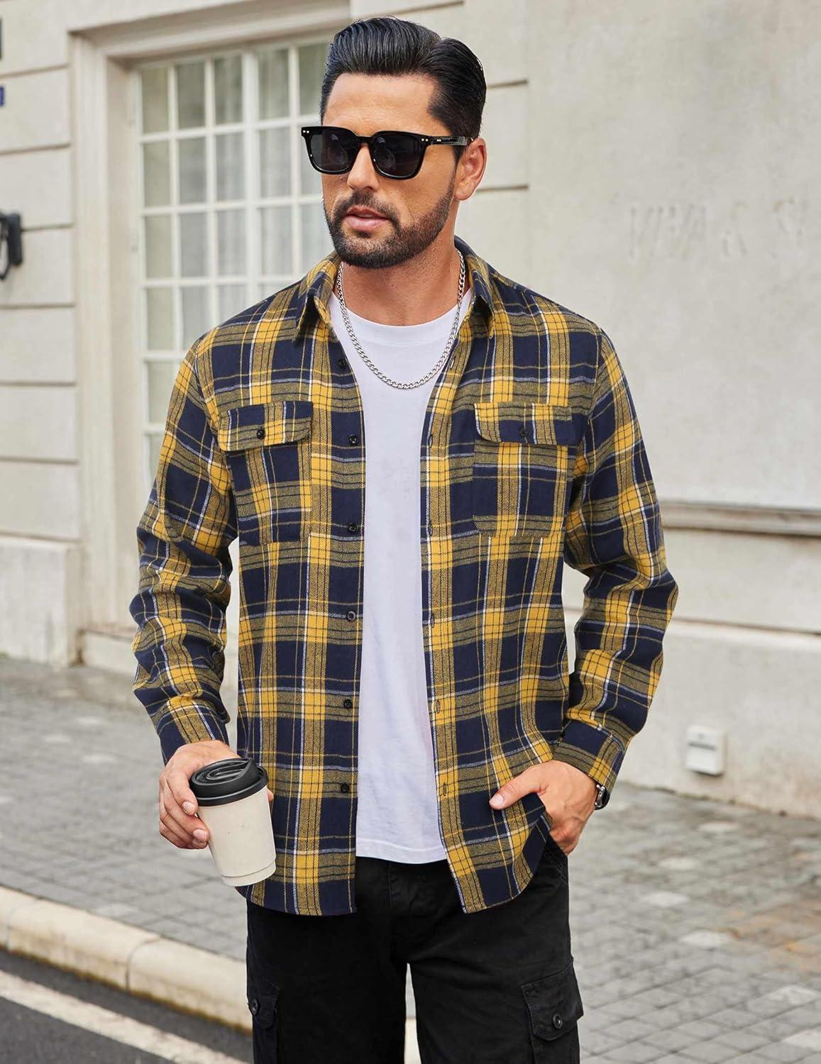 imageCOOFANDY Mens Flannel Shirts Long Sleeve Plaid Button Down Shirt Cotton Casual Work Shirts with PocketsYellow Navy