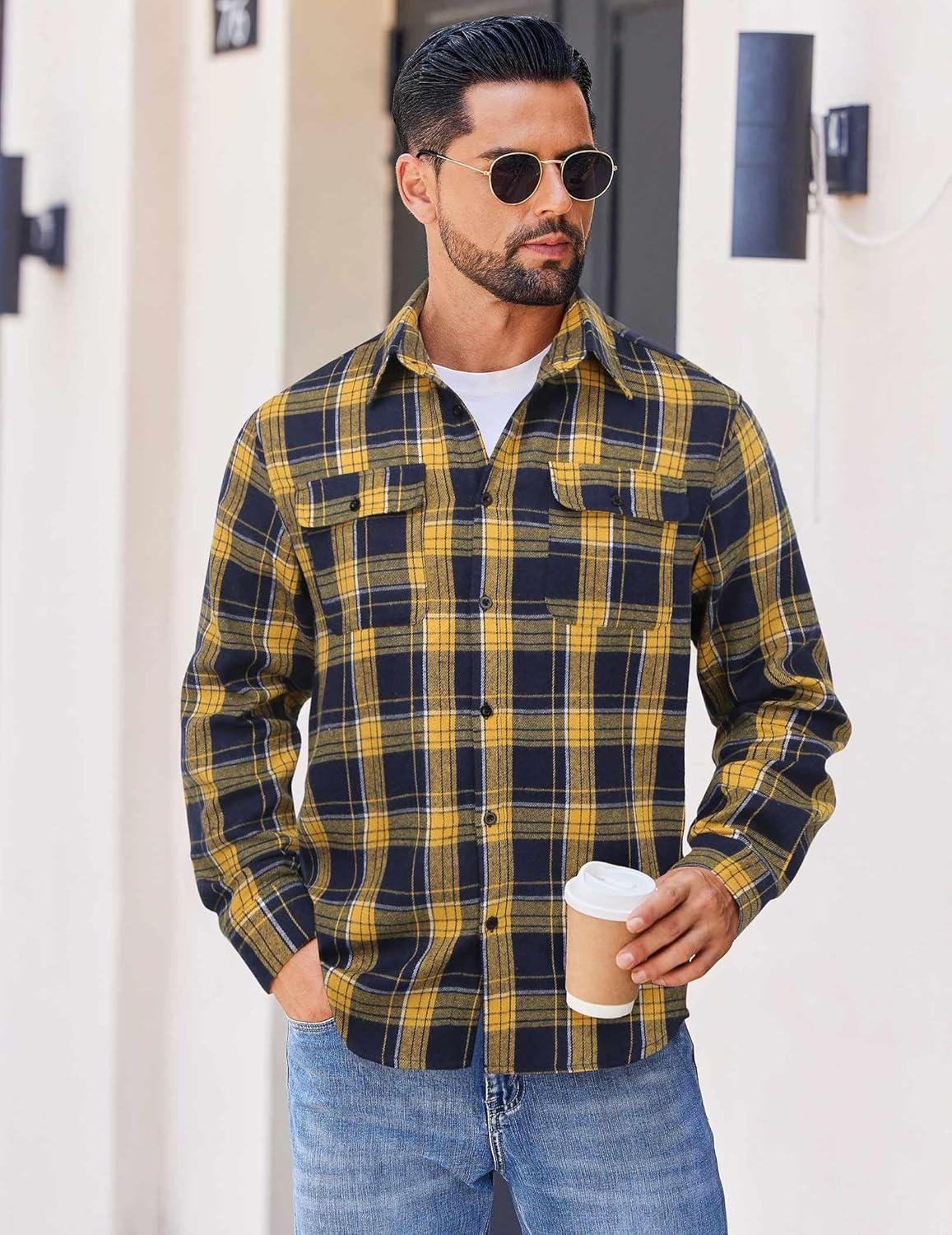imageCOOFANDY Mens Flannel Shirts Long Sleeve Plaid Button Down Shirt Cotton Casual Work Shirts with PocketsYellow Navy