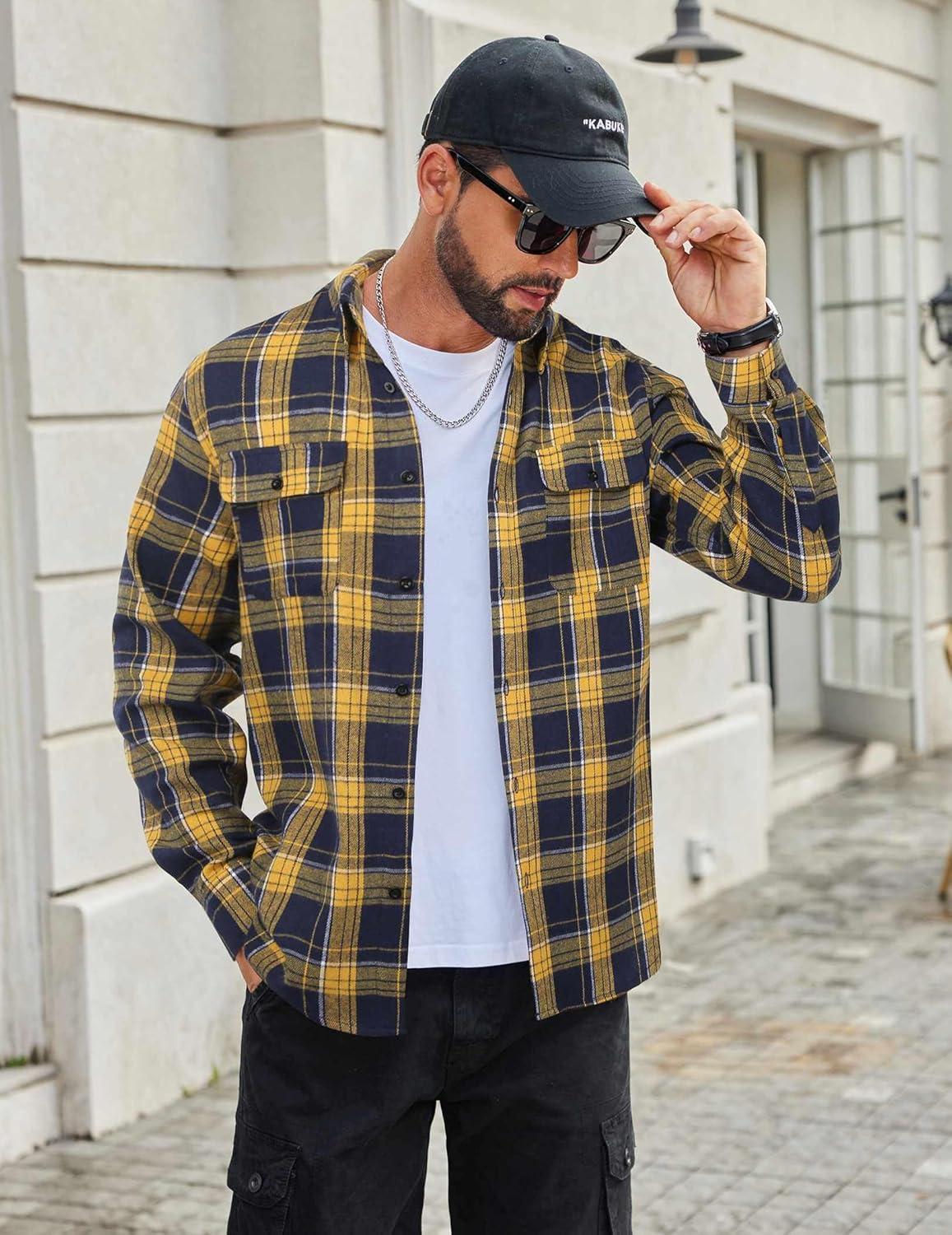 imageCOOFANDY Mens Flannel Shirts Long Sleeve Plaid Button Down Shirt Cotton Casual Work Shirts with PocketsYellow Navy