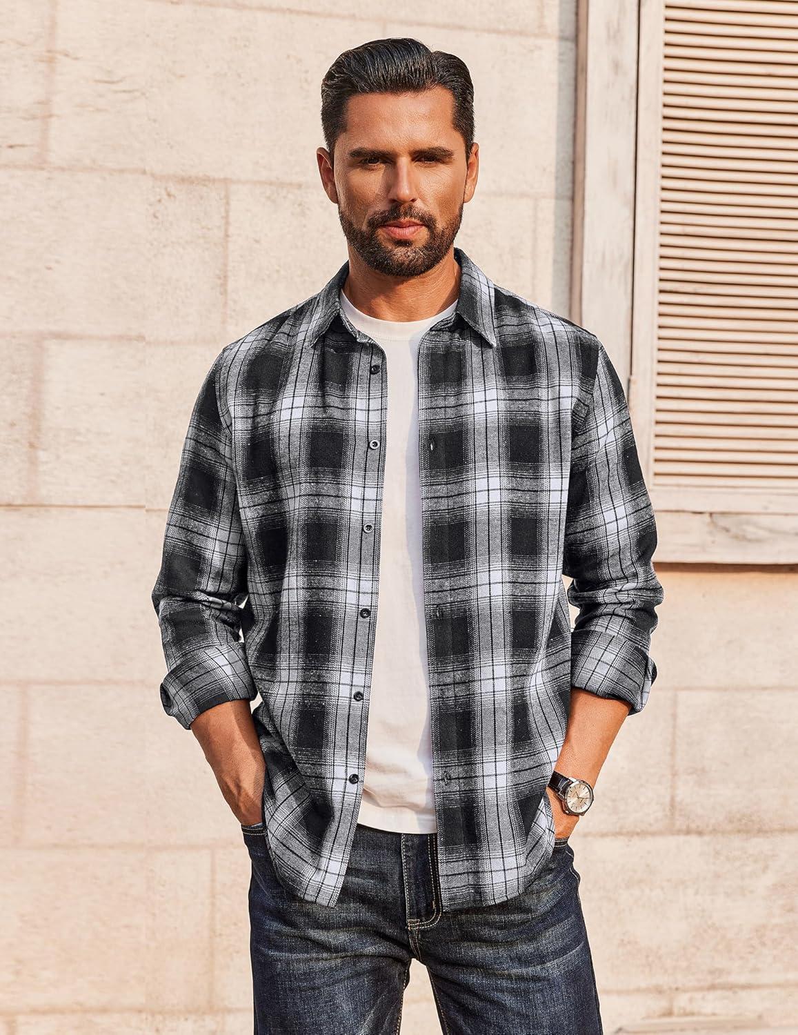imageCOOFANDY Mens Flannel Shirts Long Sleeve Plaid Button Down Shirts Casual Cotton ShirtsBlackWhite