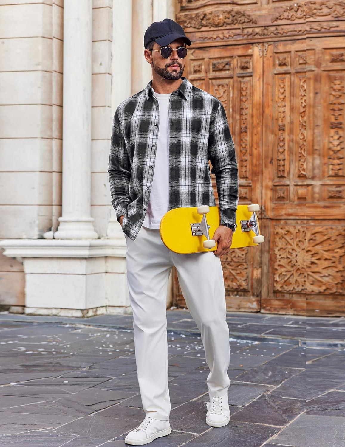 imageCOOFANDY Mens Flannel Shirts Long Sleeve Plaid Button Down Shirts Casual Cotton ShirtsBlackWhite