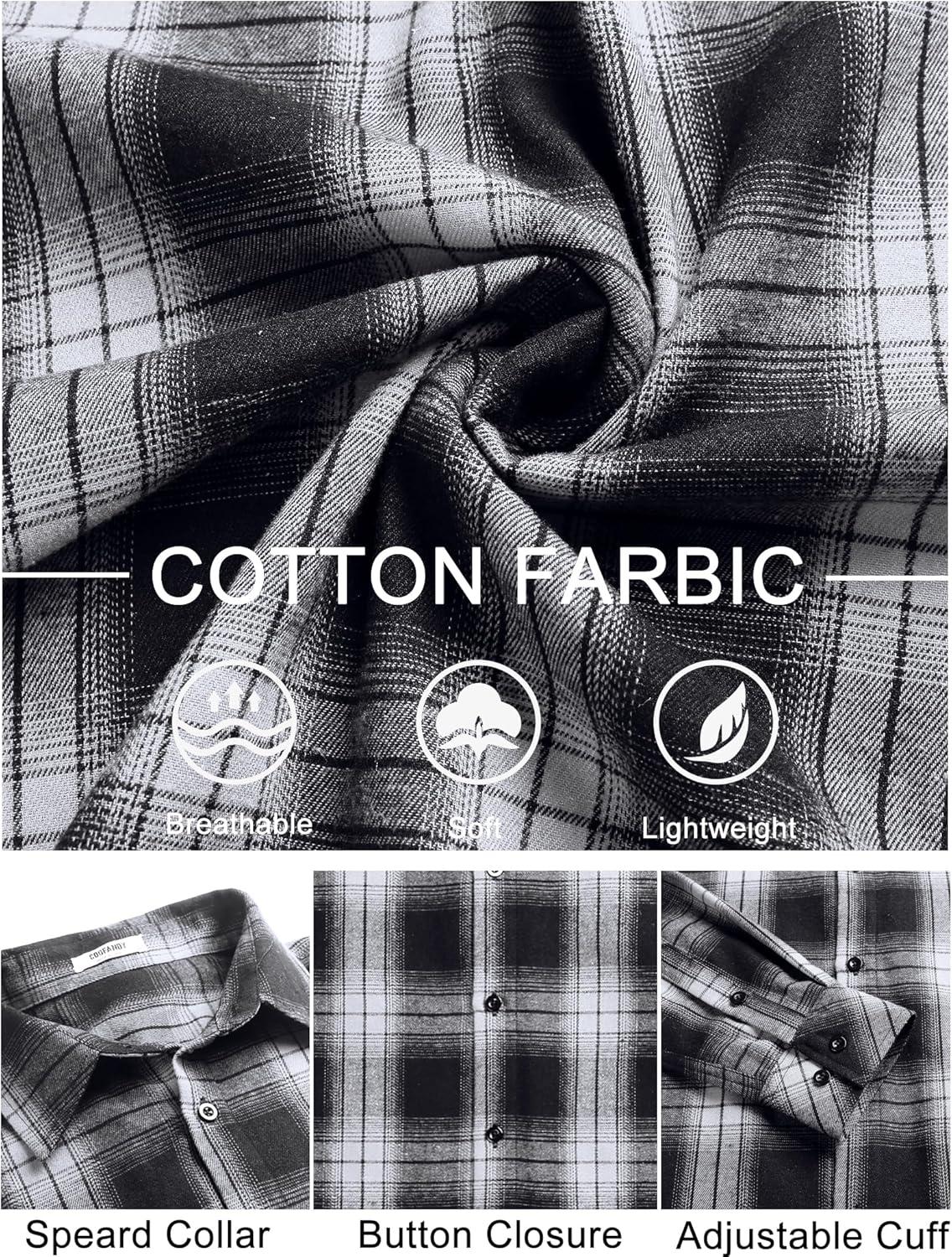 imageCOOFANDY Mens Flannel Shirts Long Sleeve Plaid Button Down Shirts Casual Cotton ShirtsBlackWhite